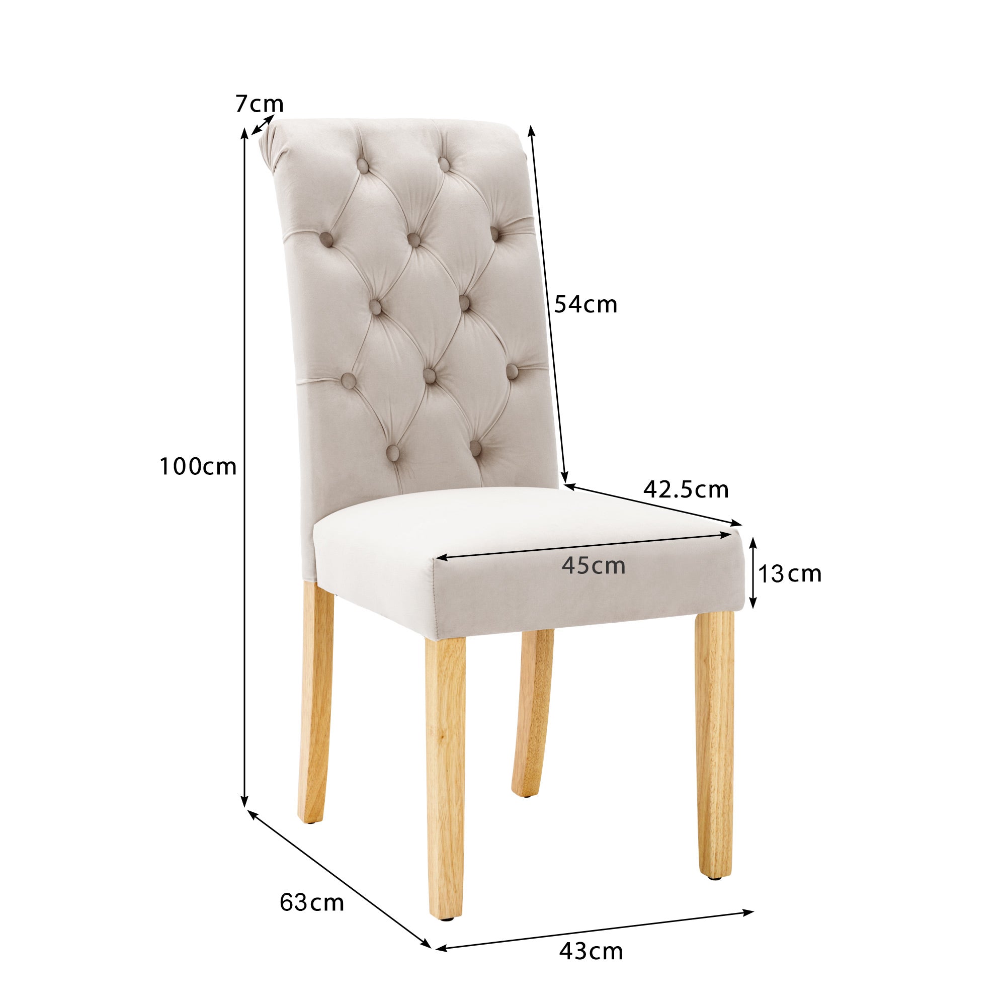 Velvet Dining Chairs Set of 6 with Oak Legs and Chrome Knockers, Beige