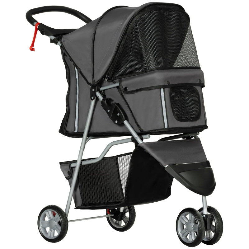 Dog Stroller Buggy, Foldable Mesh Windows Cup Holder, Dark Grey