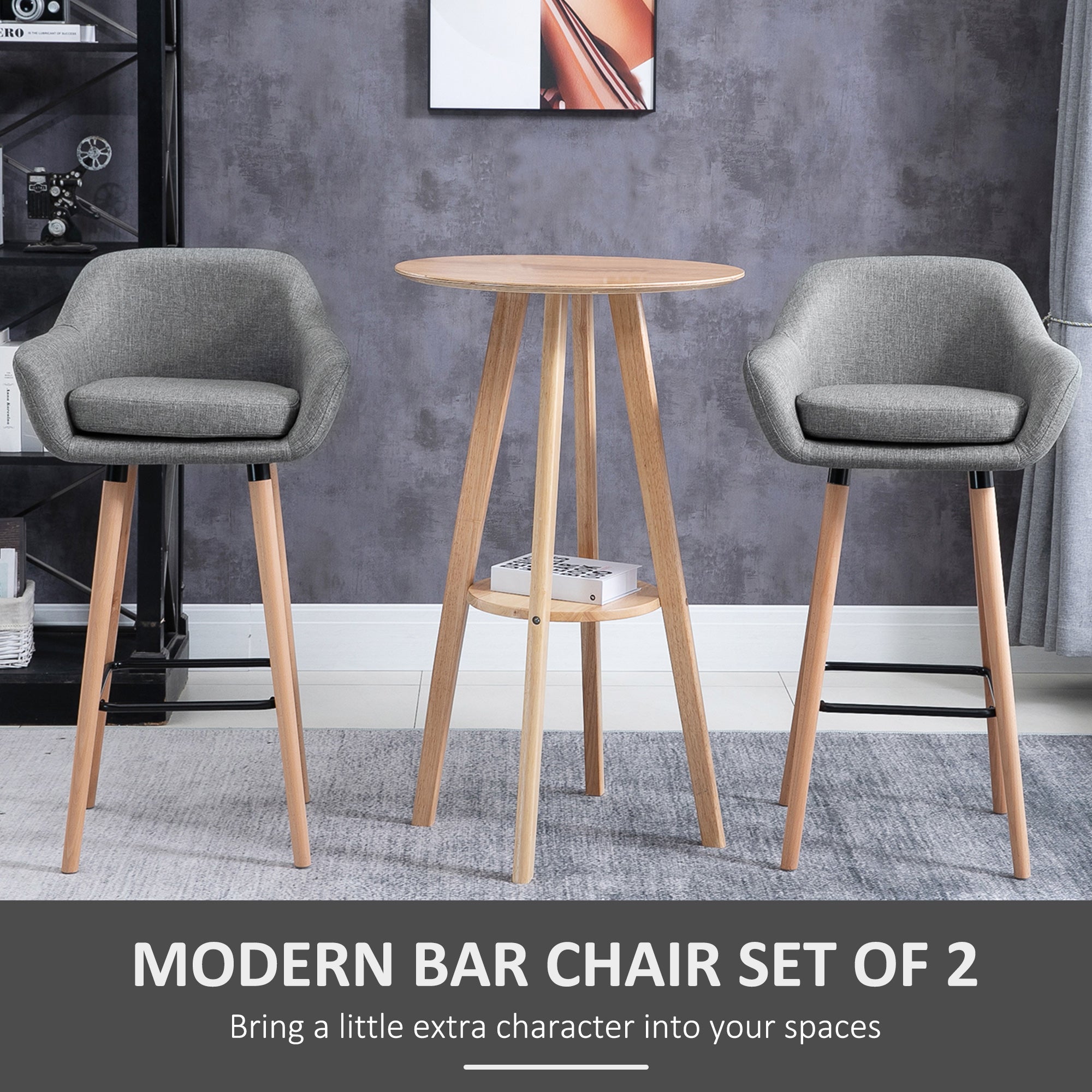 Set of 2 Bar Stools Modern Upholstered Seat Bar Chairs, Metal Frame, Solid Wood Legs, Grey Fabric