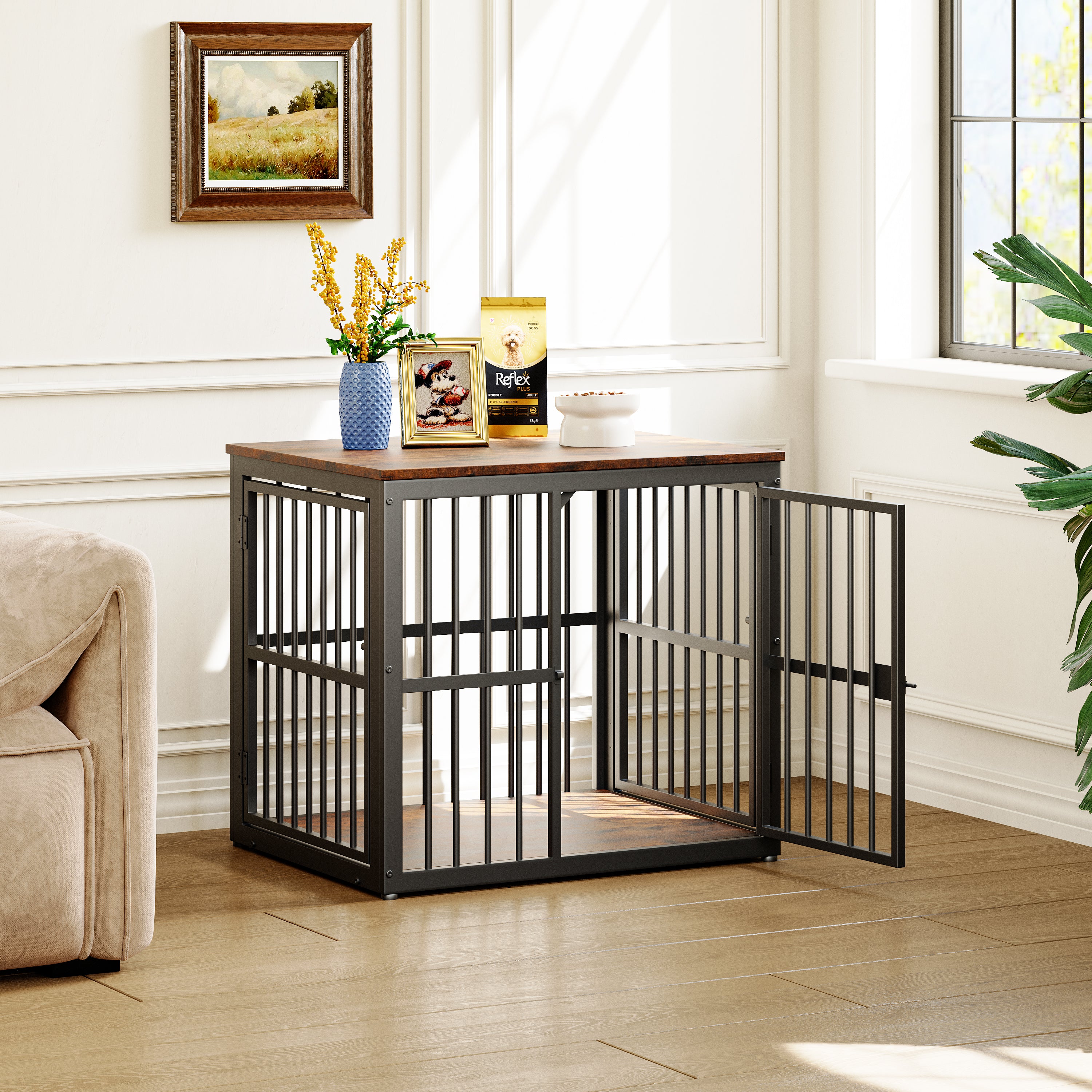 Modular Dog Crate Furniture 3 Doors Waterproof Top 2-in-1 Side Table Stackable - Retro Brown