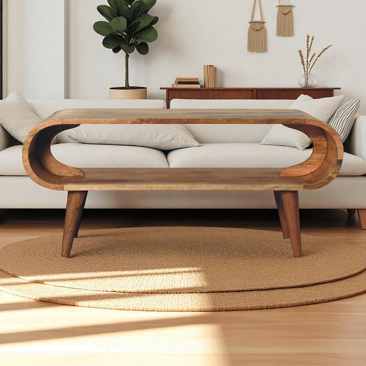 Amaya Coffee Table with Open Slot Storage, Solid Wood Brown