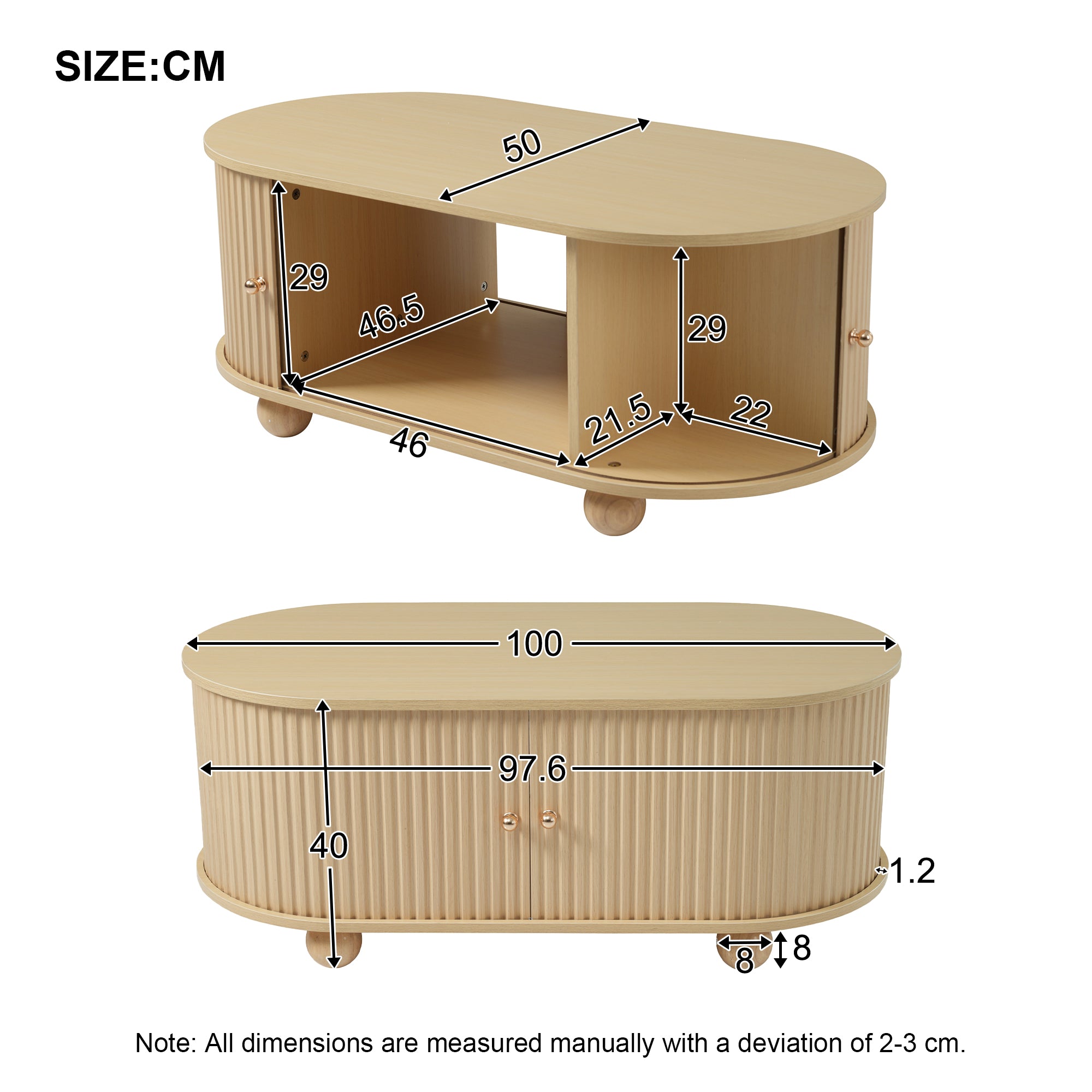 Oval Coffee Table with Storage and Sliding Doors, Multifunctional, Wood Colors