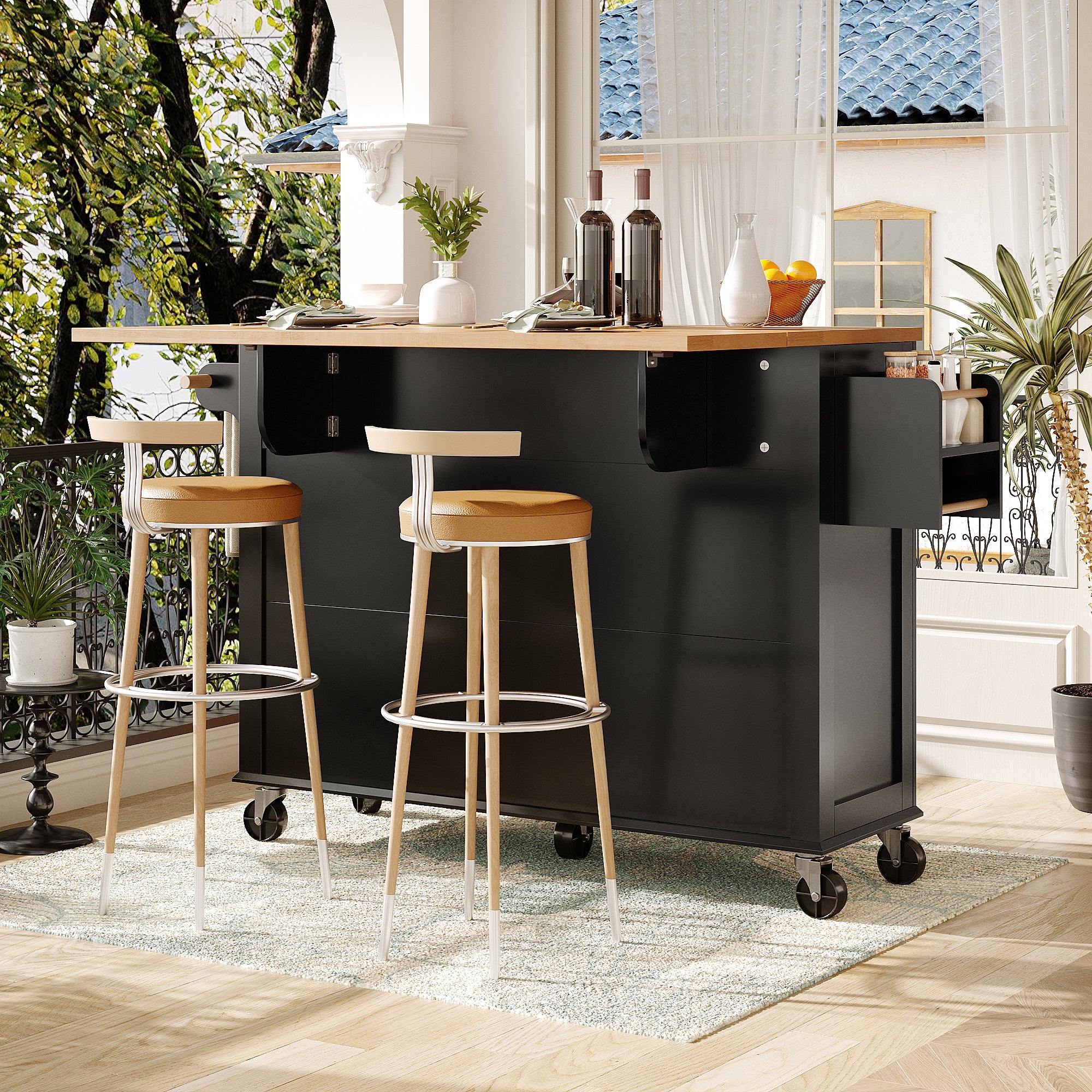 Kitchen Island Serving Trolley Mobile with Wheels Glass Doors Storage Black