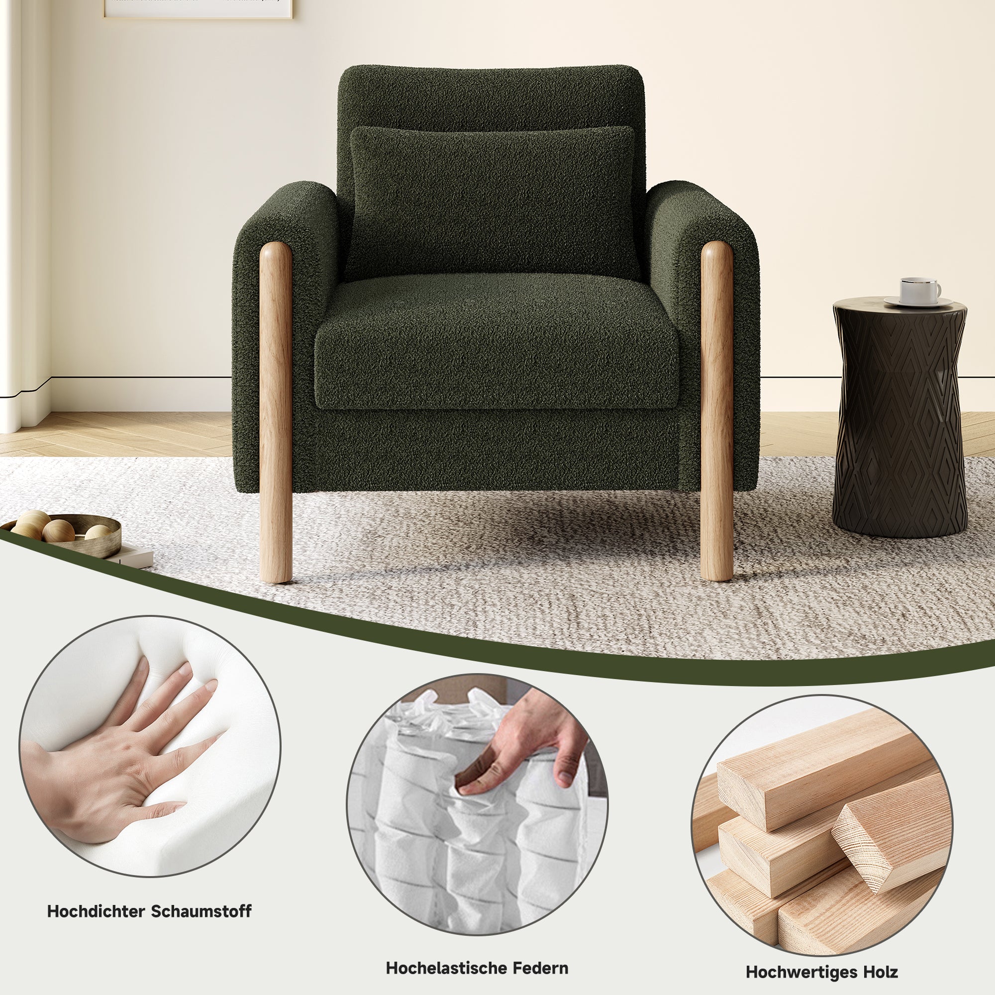 Modern Armchair, Thick Cushion, Comfortable Single Seater, Green