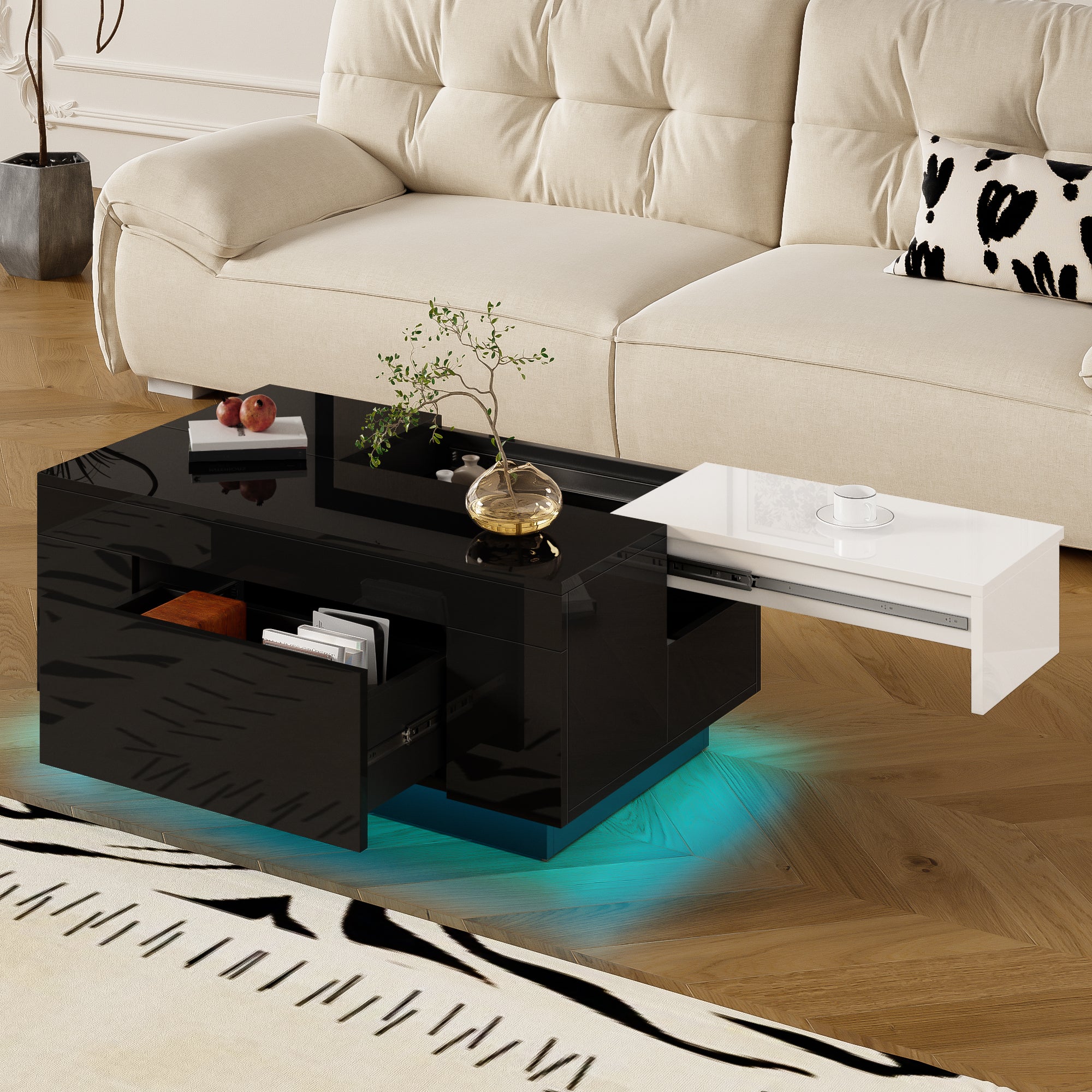 High-gloss Coffee Table with LED Lighting, Extendable, Storage, Black and White