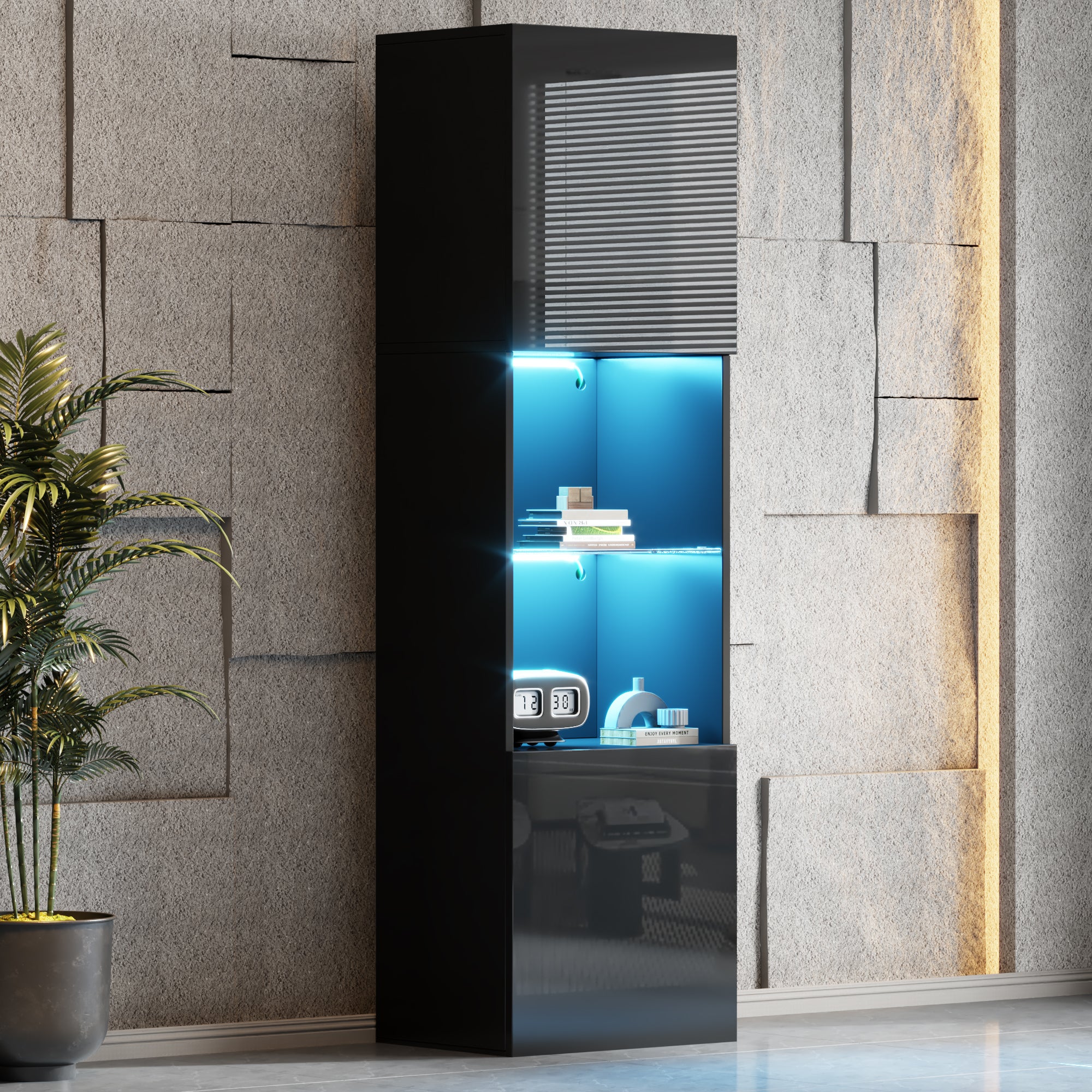 Display Cabinet, Freestanding with LED Lighting, 1 Glass Shelf, Black