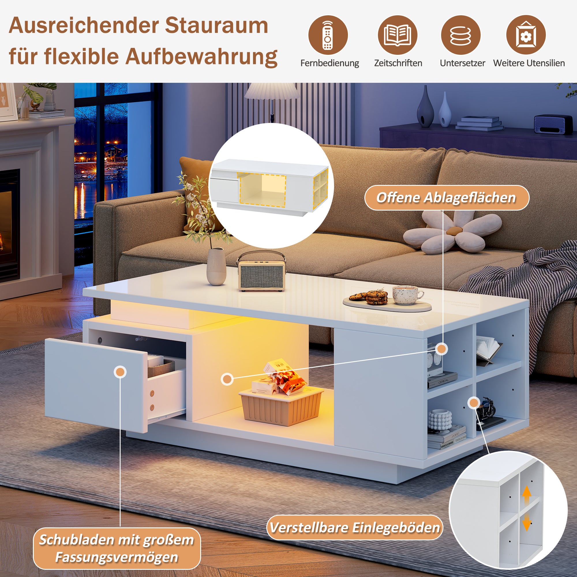 Coffee Table 100x50x36cm High-Gloss LED Side Table with Drawer and Storage White