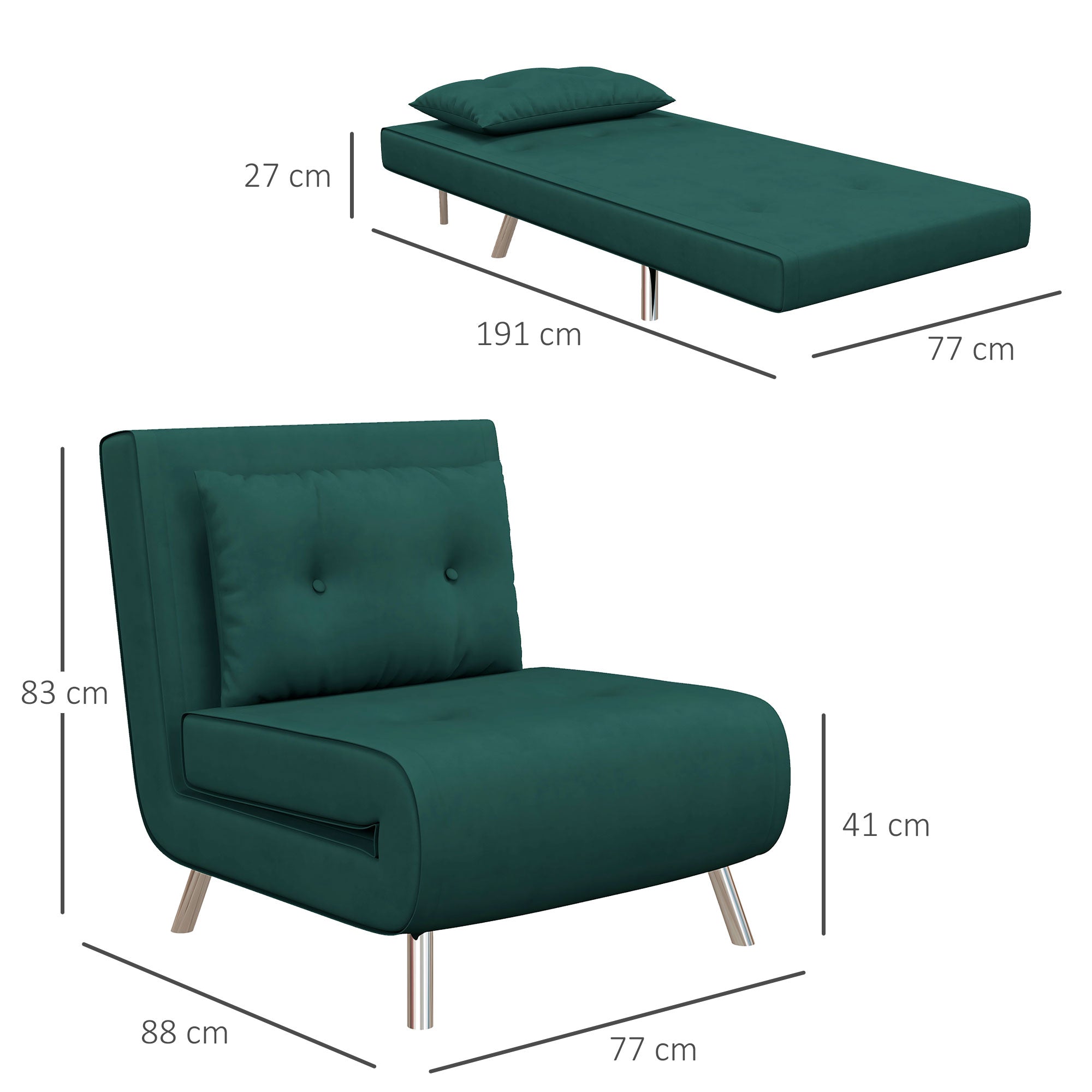 Sleeper Chair Folding Single Sofa Bed, Upholstered Velvet Look, Dark Green