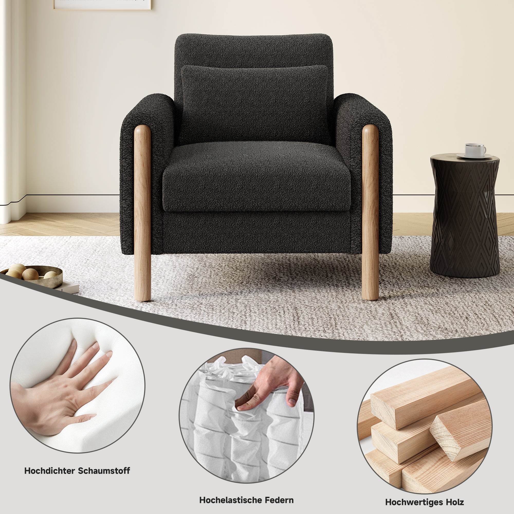 Modern Armchair, Thick Cushion Single Seater, Gray