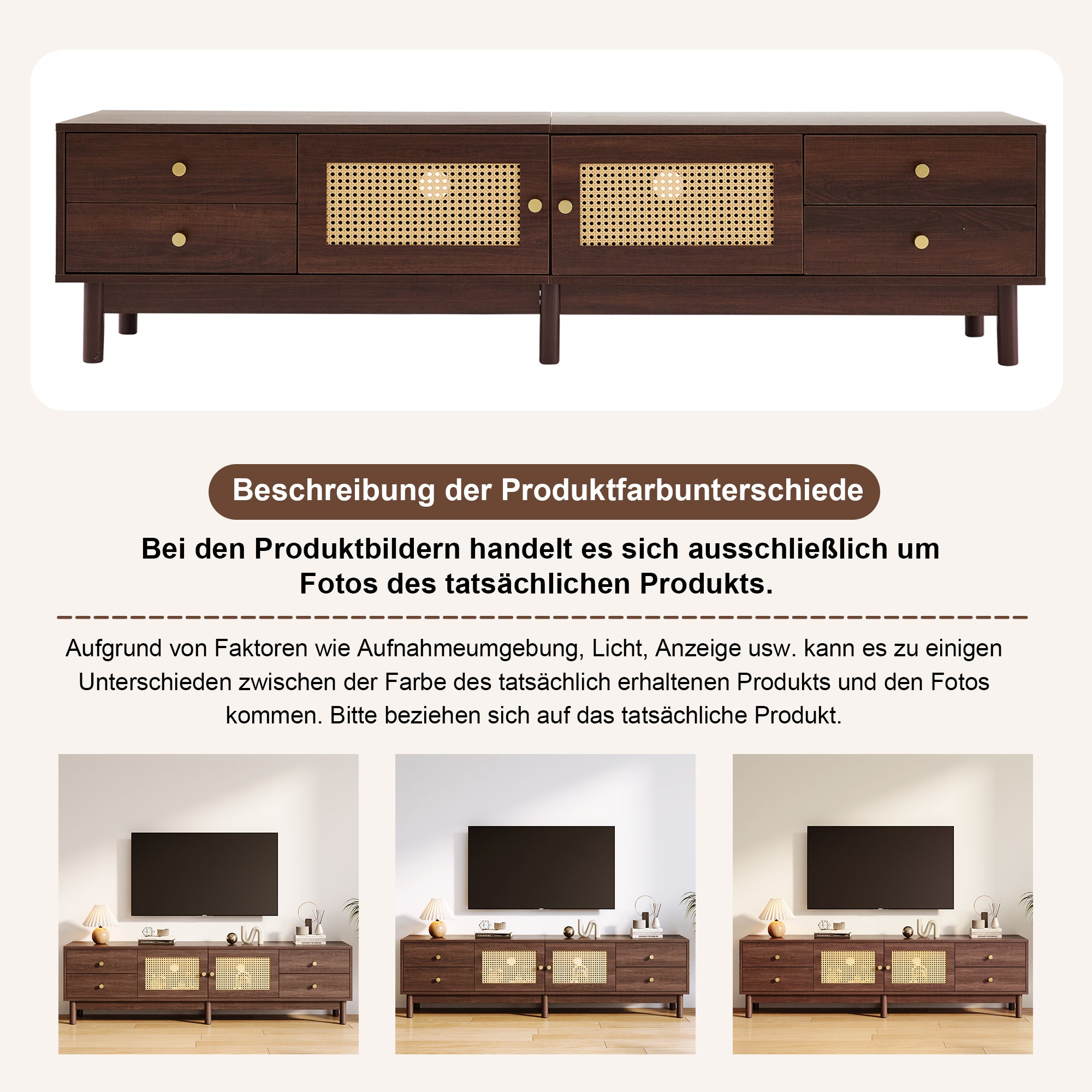 TV Cabinet, 180cm with Rattan Doors, 4 Drawers, Cable Management, Dark Wood