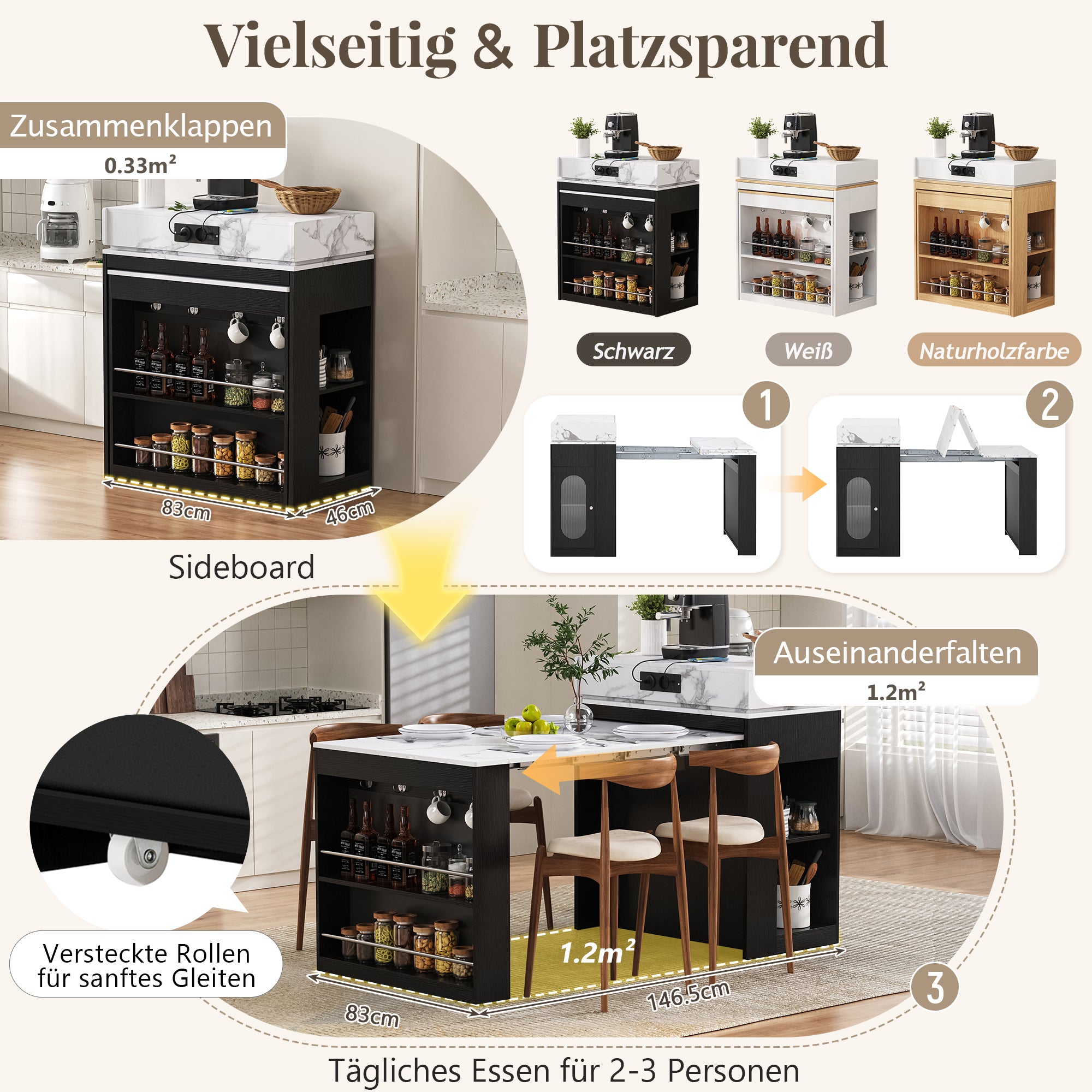 Kitchen Island Mobile Extendable Folding Table Power Strips - Black