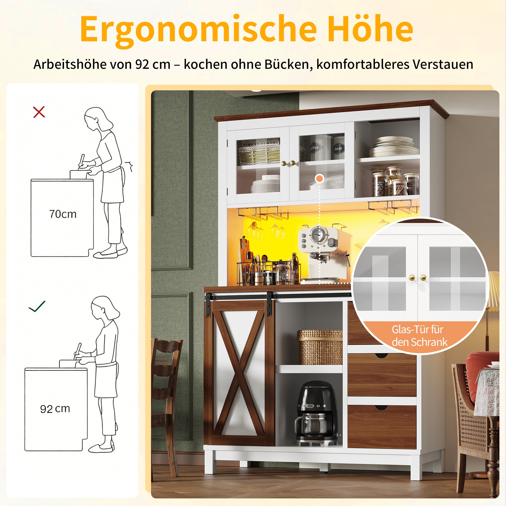 Modern Tall Cabinet with LED Lighting, App Control and Sliding Door, White