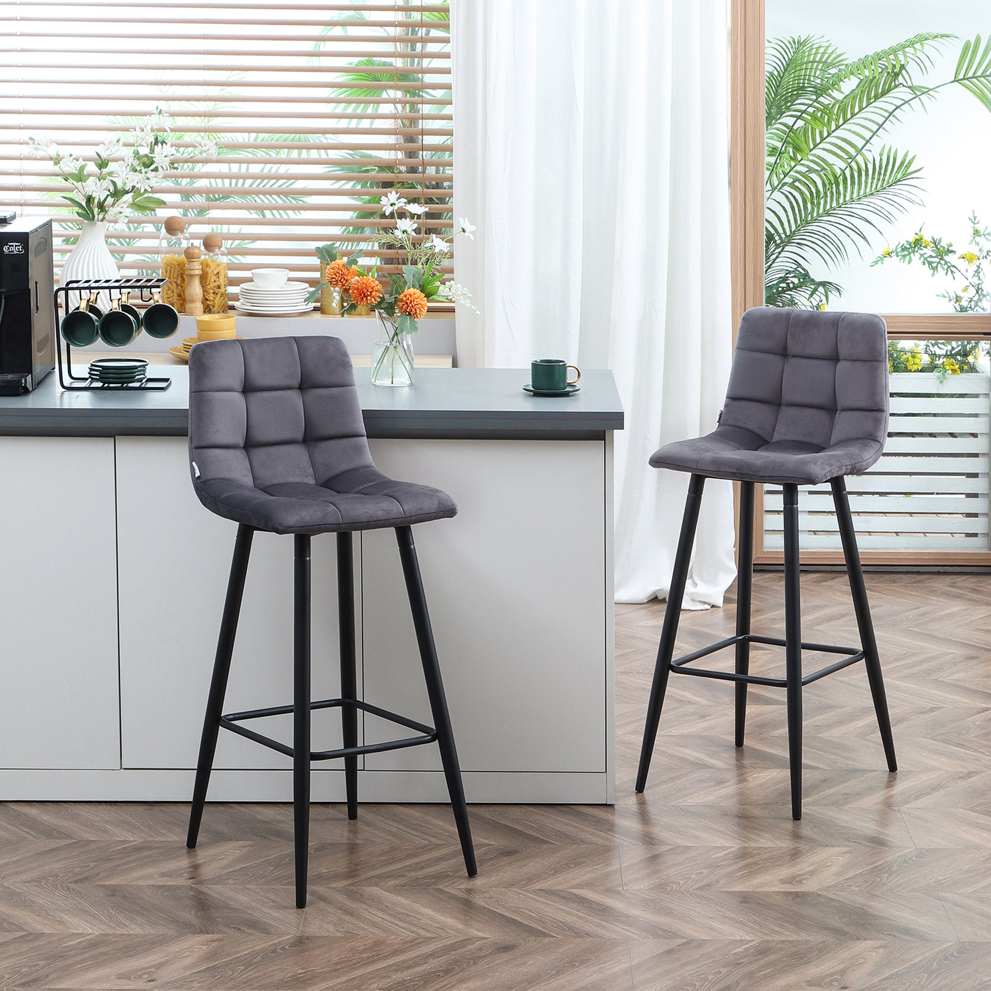 Bar Stools Set of 2 Modern Design Velvet Upholstery Steel Legs, Grey