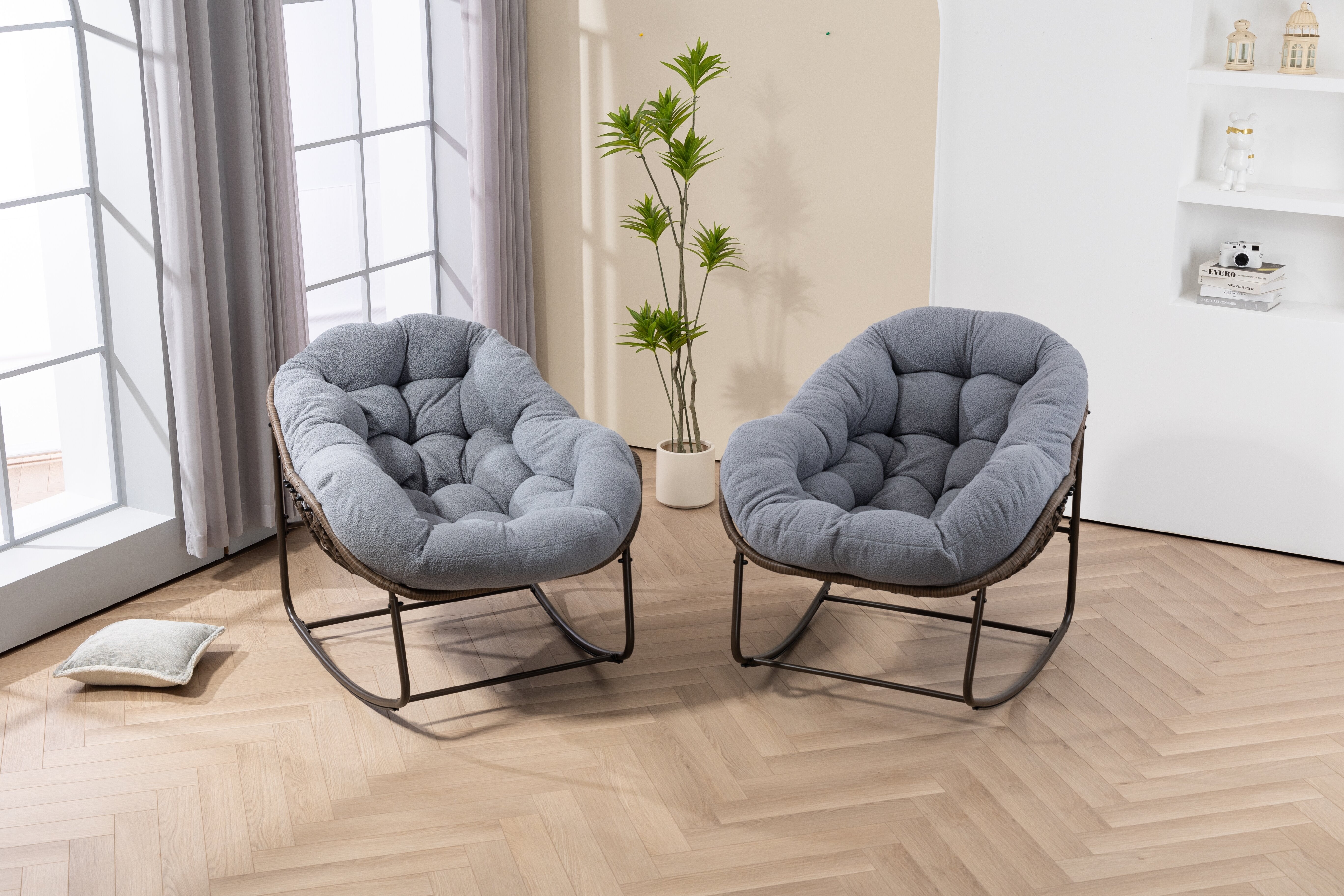 Outdoor Rattan Rocking Chair Padded Cushion Recliner, Gray