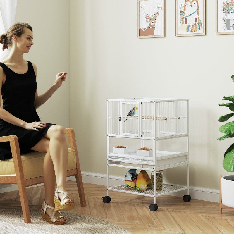 Bird Cage with Rolling Stand, Acrylic Viewing Panels, Storage Shelf