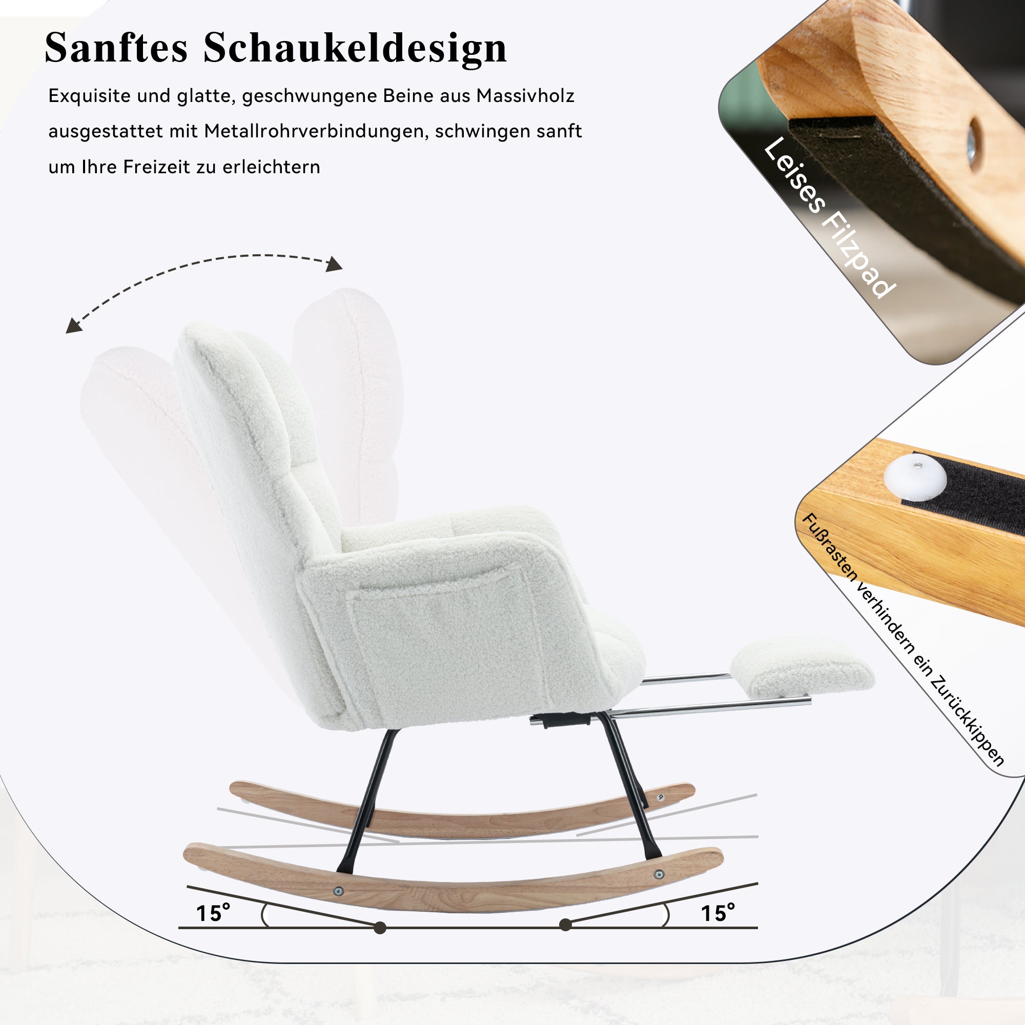 009B Rocking Chair, Upholstered with Retractable Footrest, White Teddy Fabric