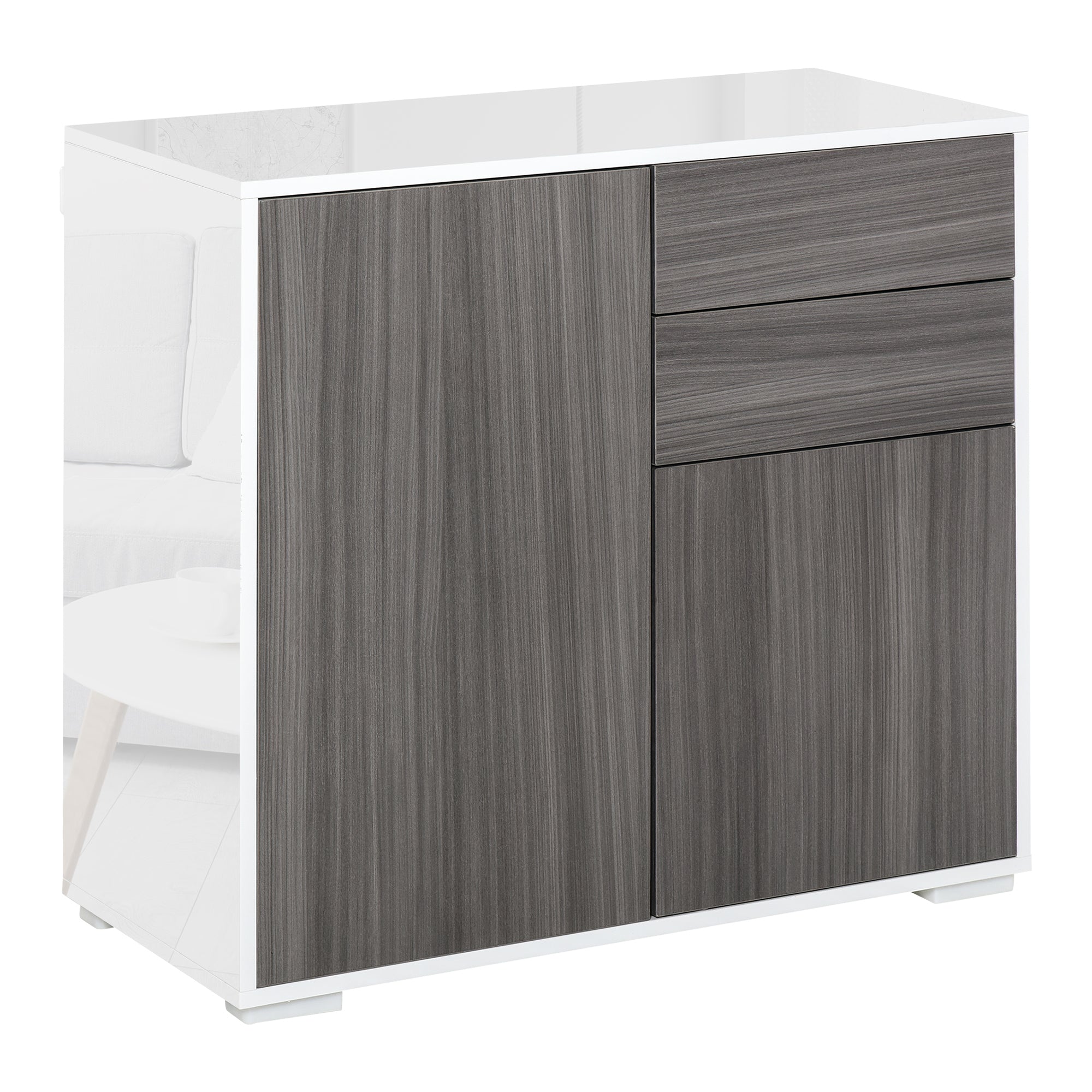 Sideboard Cabinet, High Gloss Frame Push-Open with 2 Drawers, Grey