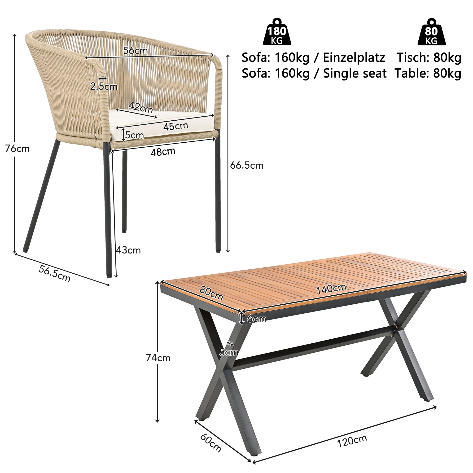 Garden dining set 7-piece rope and acacia wood