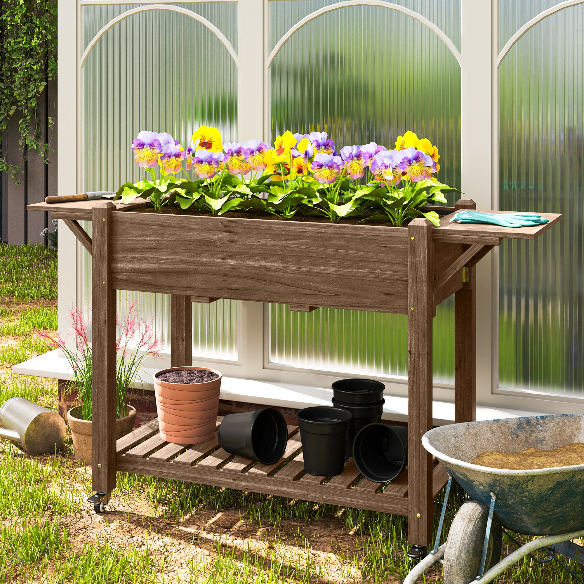 Raised Planter 46 x 94cm with Shelves - Carbonised Wood