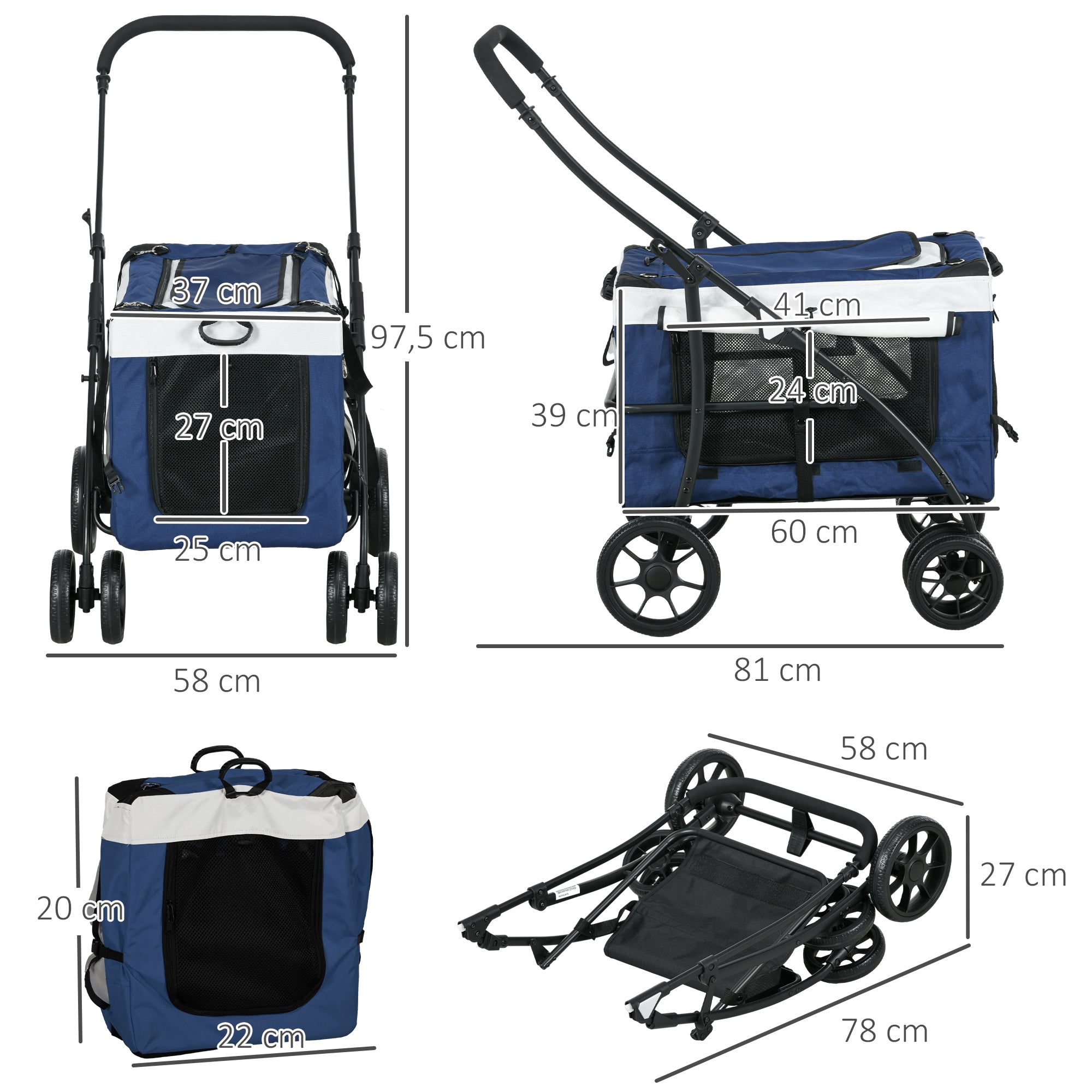2-in-1 Dog Stroller, Foldable with Removable Basket, Blue