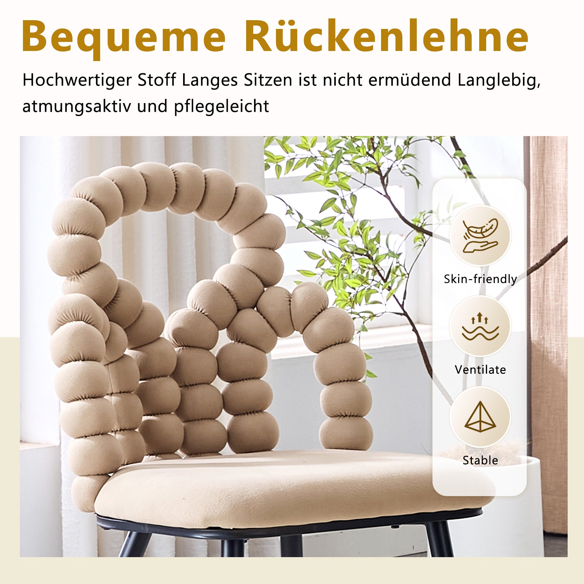 Dining Chairs Set of 2 with Ball Chain Backrests, Metal Legs, Camel Velvet