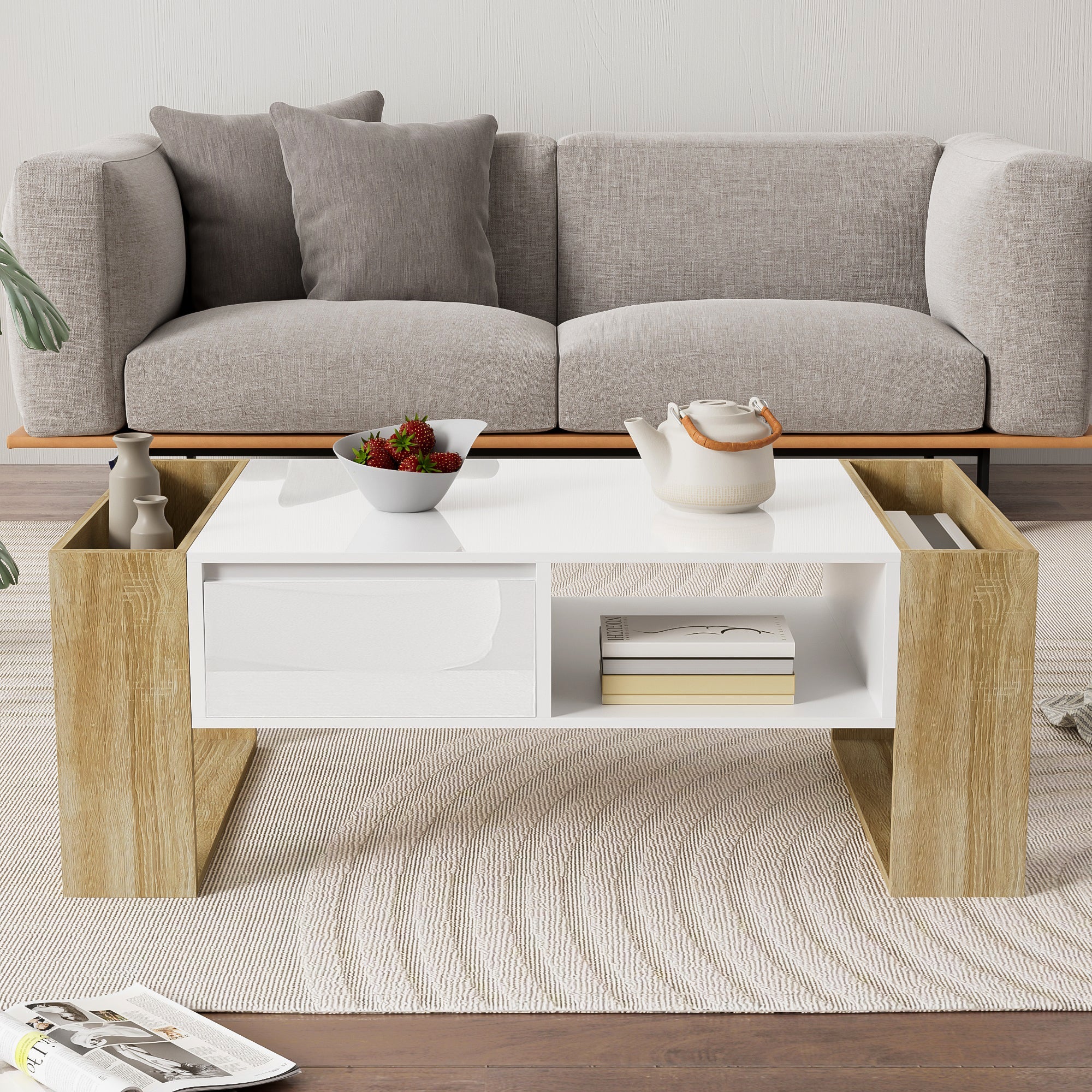 Modern coffee table 105 x 60 x 40 cm with drawers and open compartments, high gloss