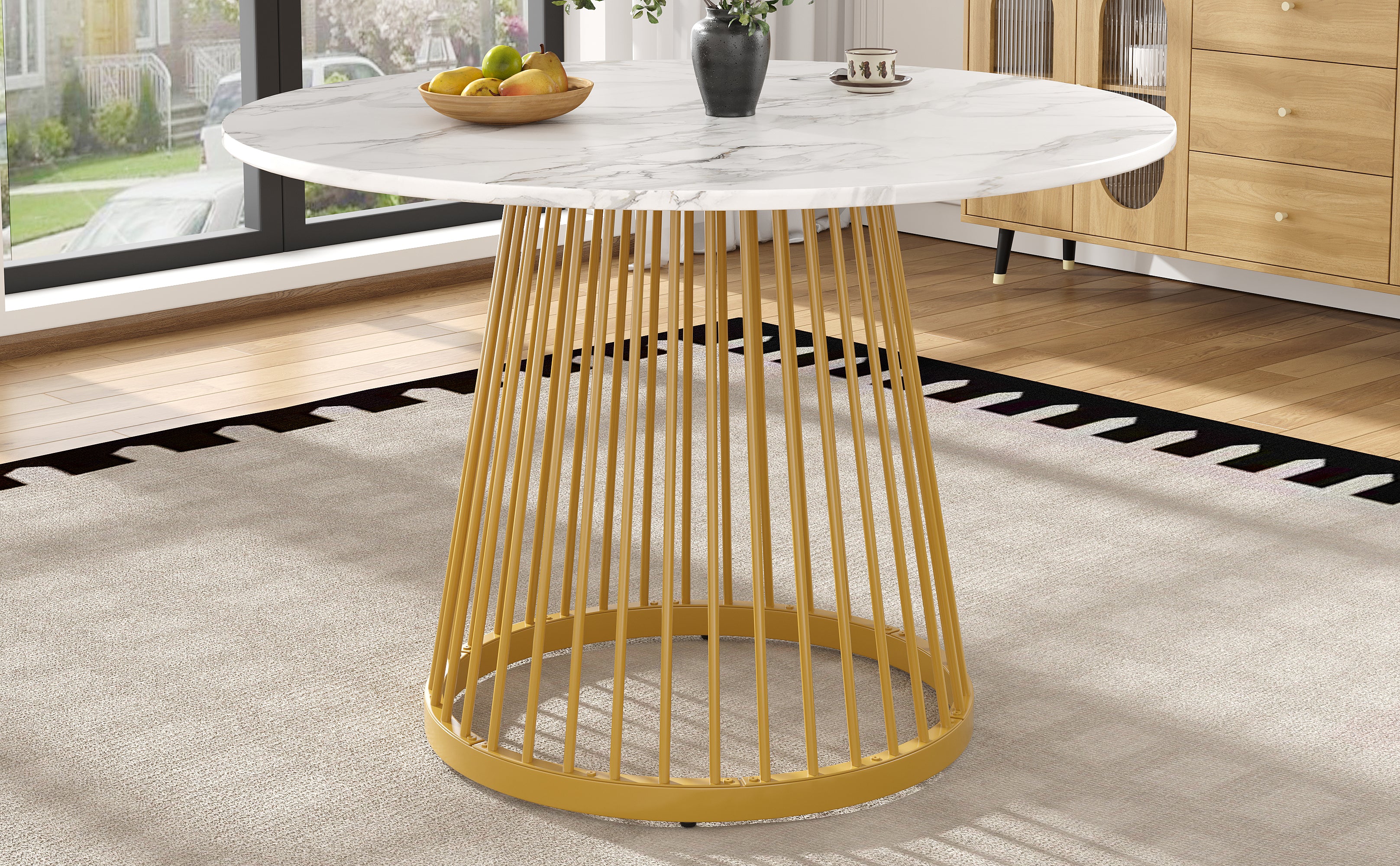 Round Dining Table 80cm 4-Person MDF Marbled Top Gold Legs