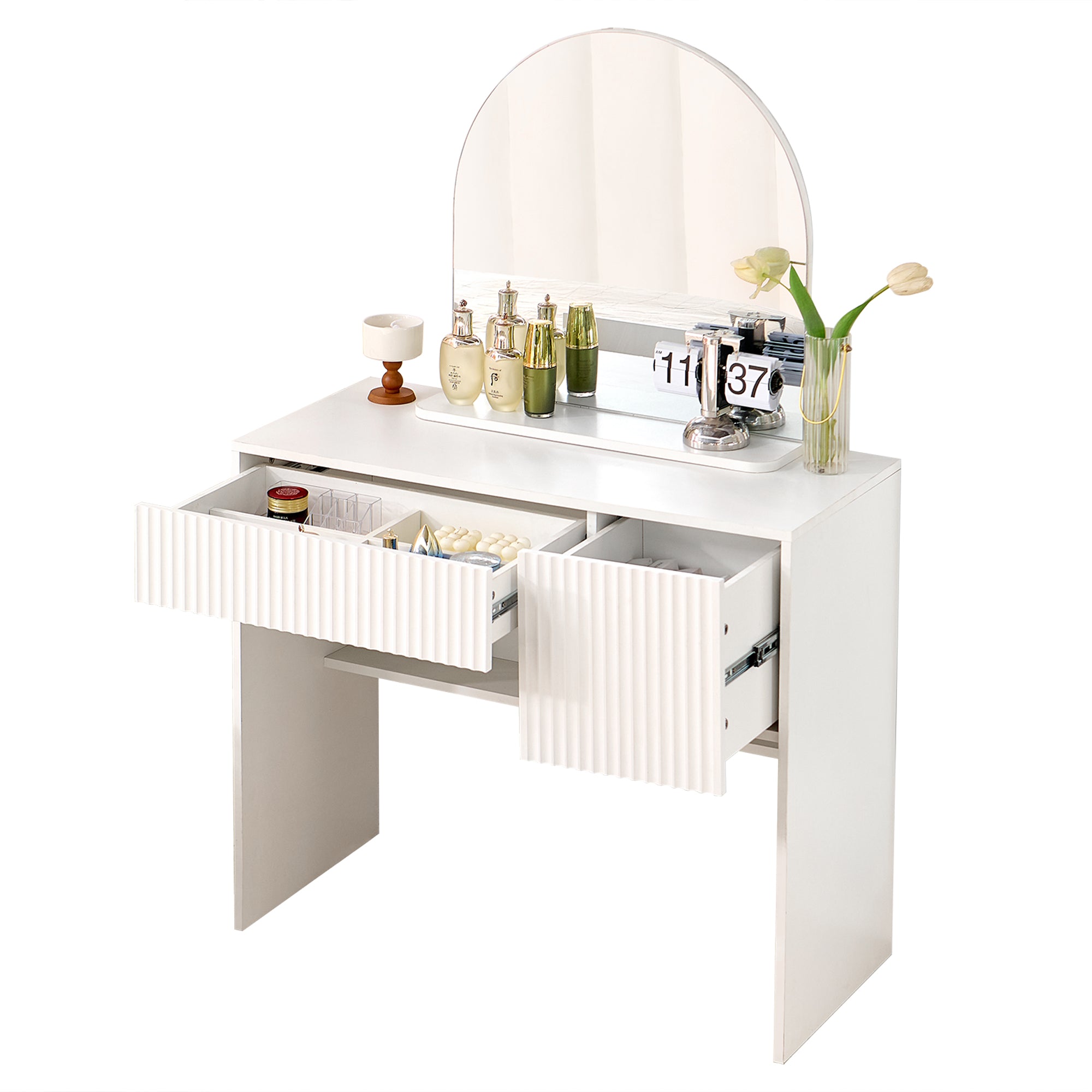 Dressing Table with Mirror, Drawers & Open Shelves - White