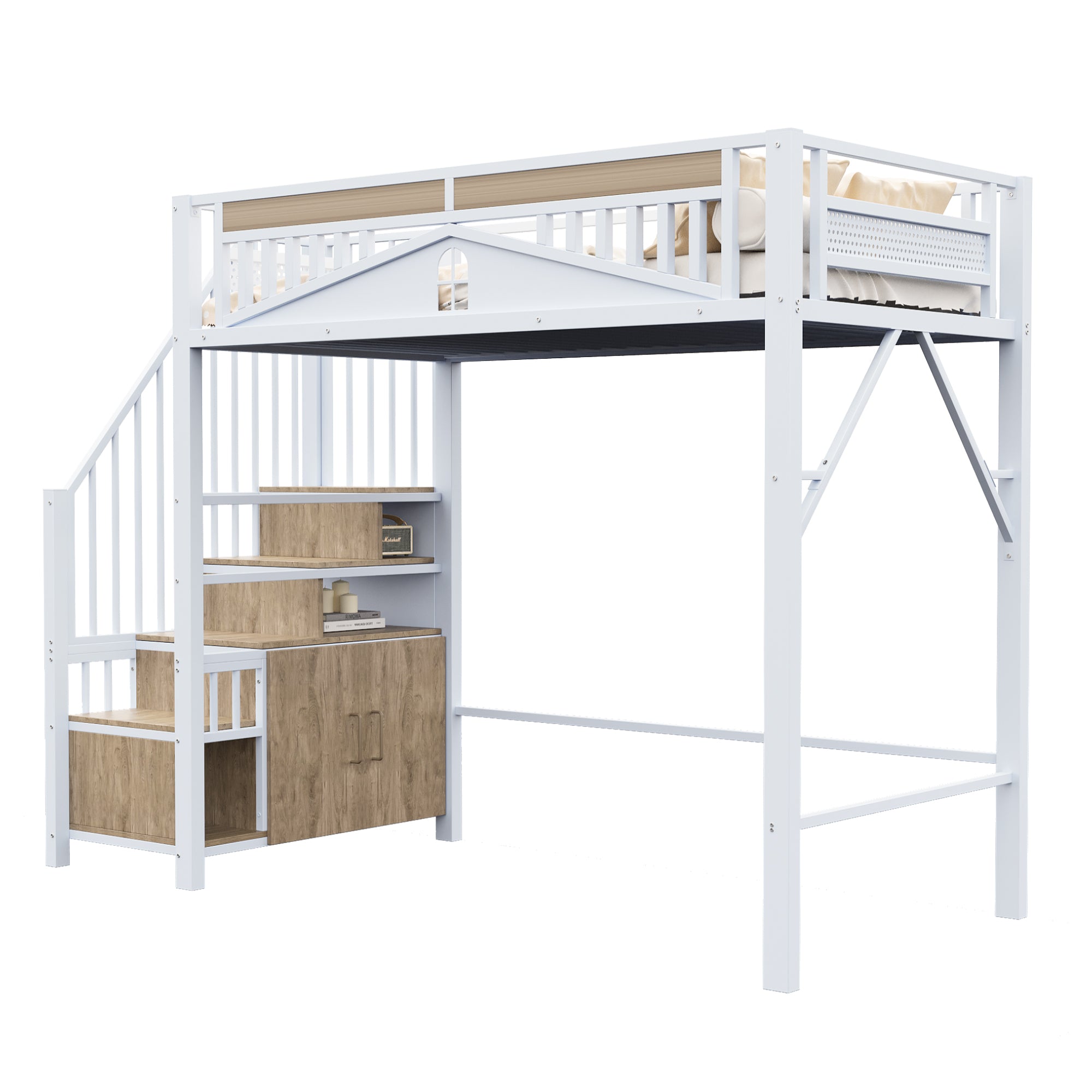 Metal Loft Bed, 90x200cm with Safety Enclosure, Ladder & Locker, White