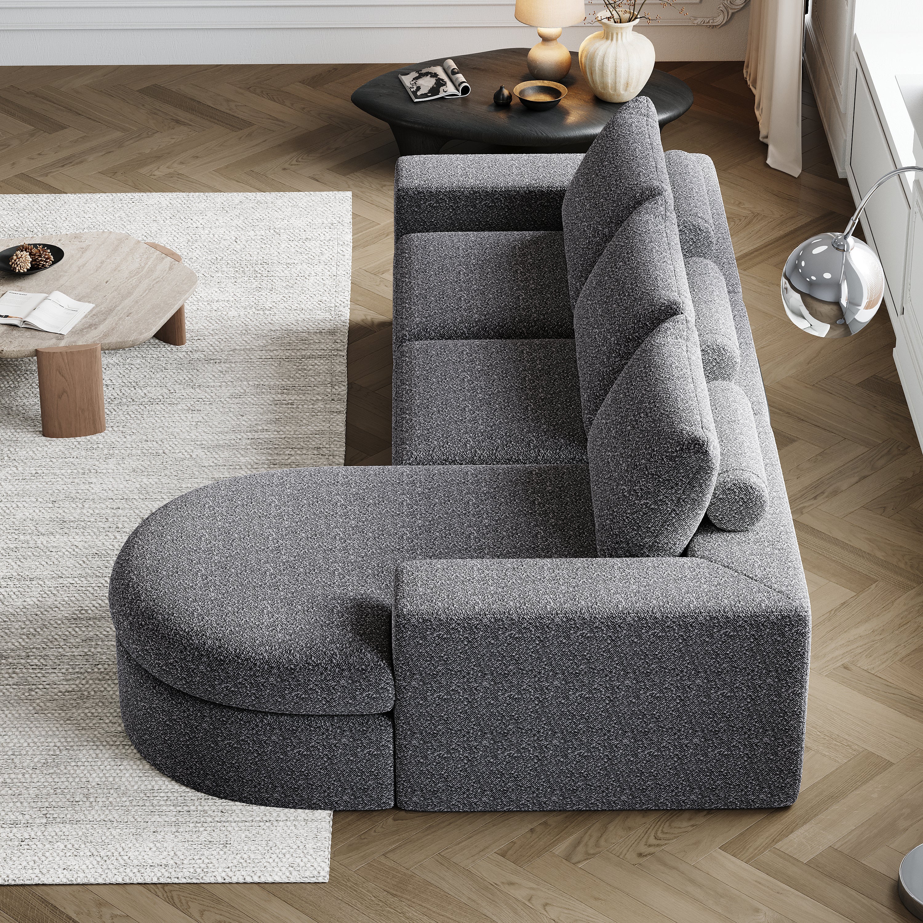 Chenille Sofa, Curved Modular L-Lounger, Foam Compressed
