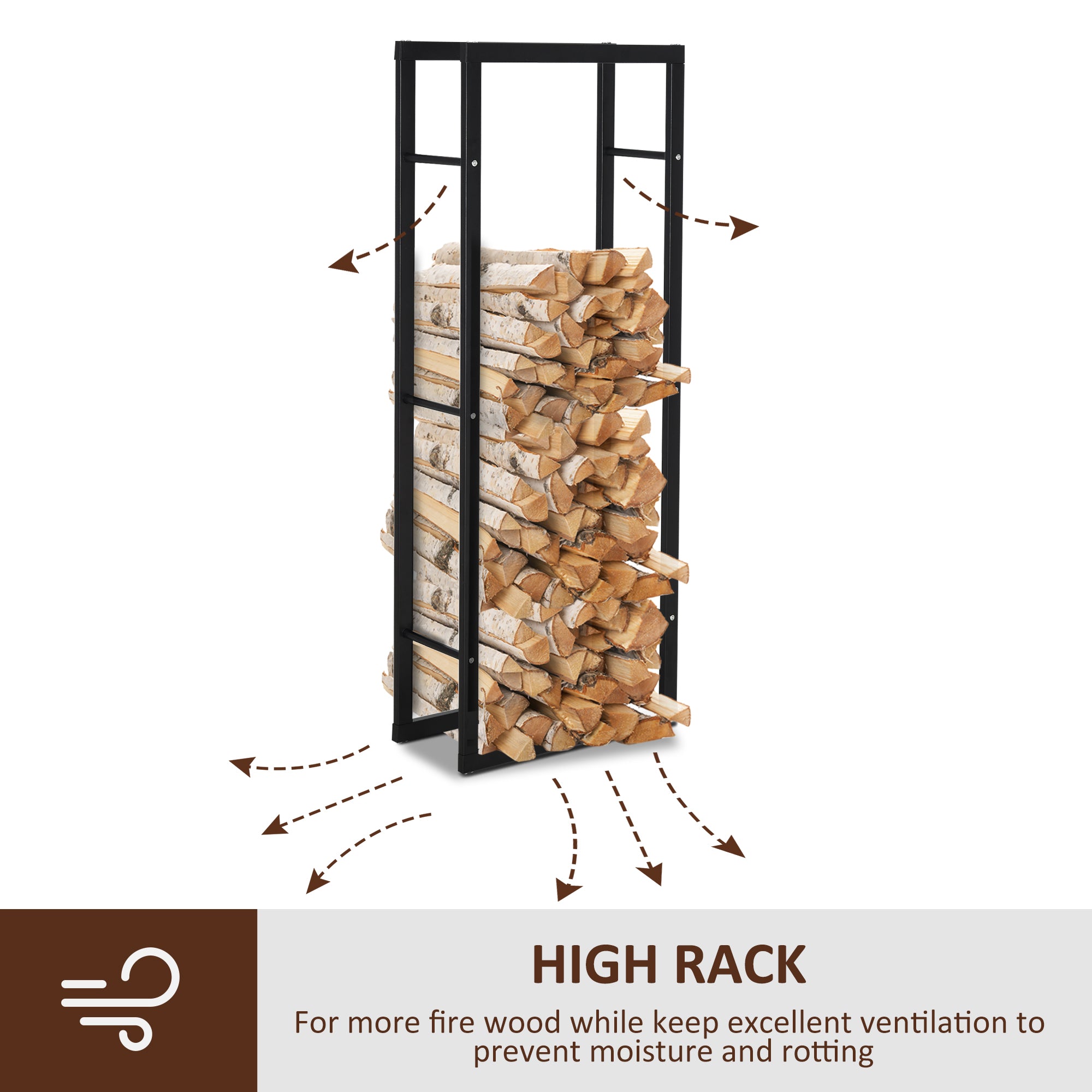 Metal Firewood Log Holder, Tall Storage Rack Indoor Outdoor with Side Rails, Black