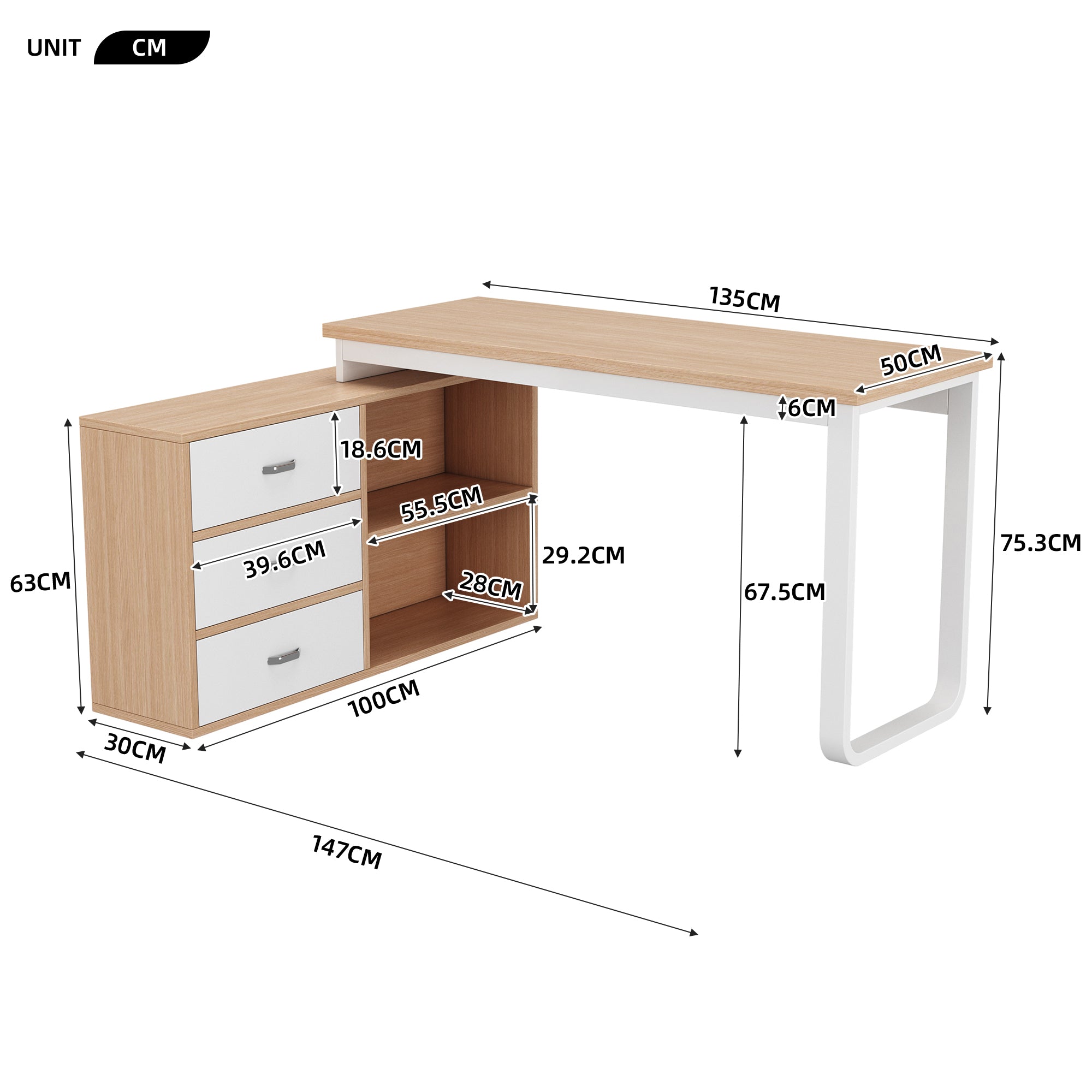 Simple Desk/Office Desk, Three Drawers, Two Open Storage, Natural