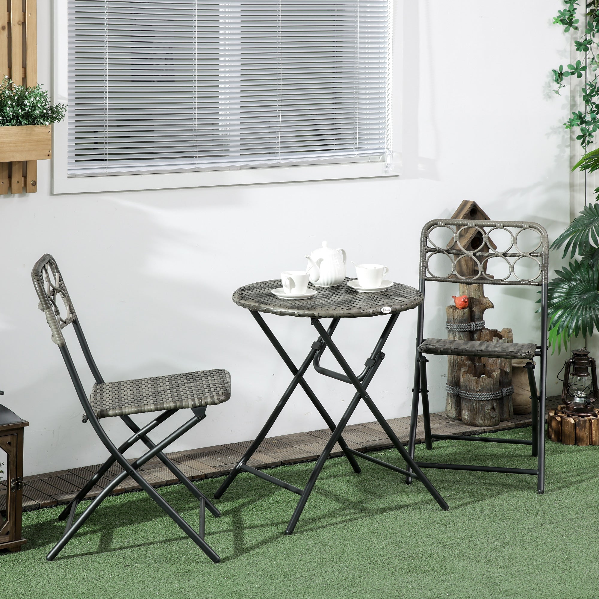 3 Piece Bistro Set, Wicker Folding Garden Furniture, Grey