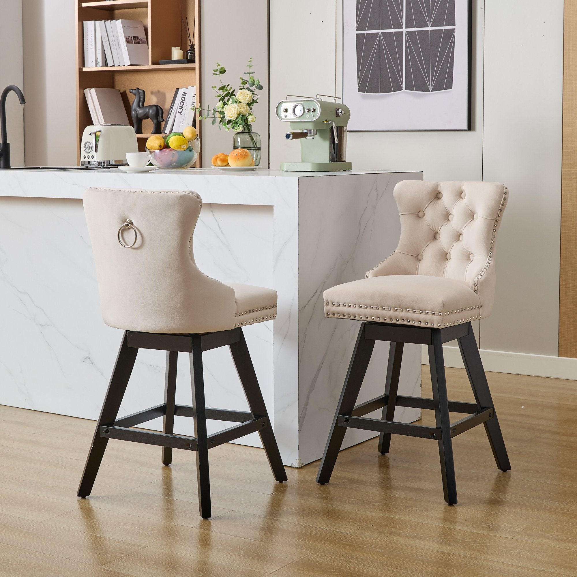 Swivel Barstools, Button Tufted with Wooden Legs & Chrome Nailhead Trim, Set of 2, Beige Velvet