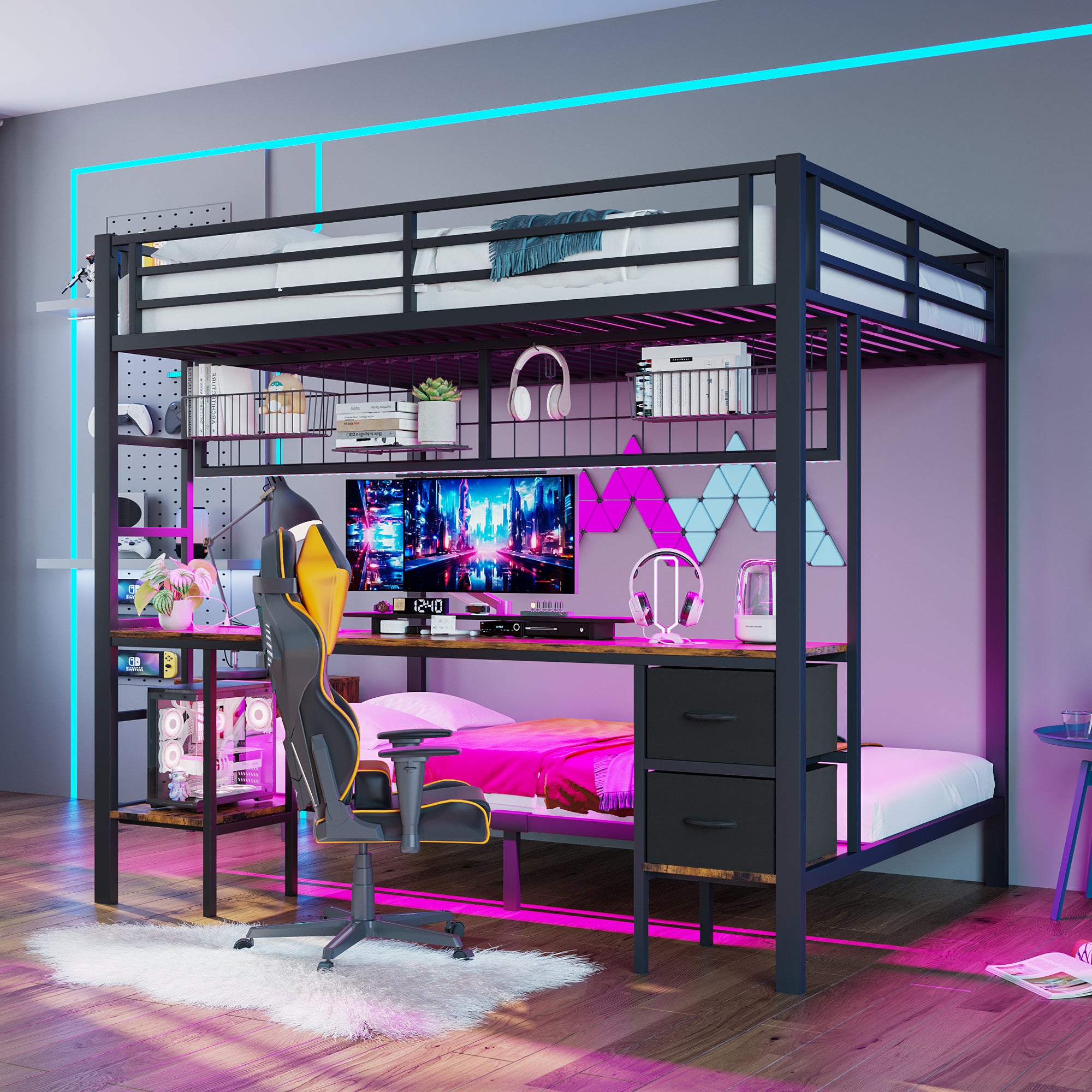 Loft Bed 90x200/140x200 Iron Frame Drawers Desk Storage LED USB Black