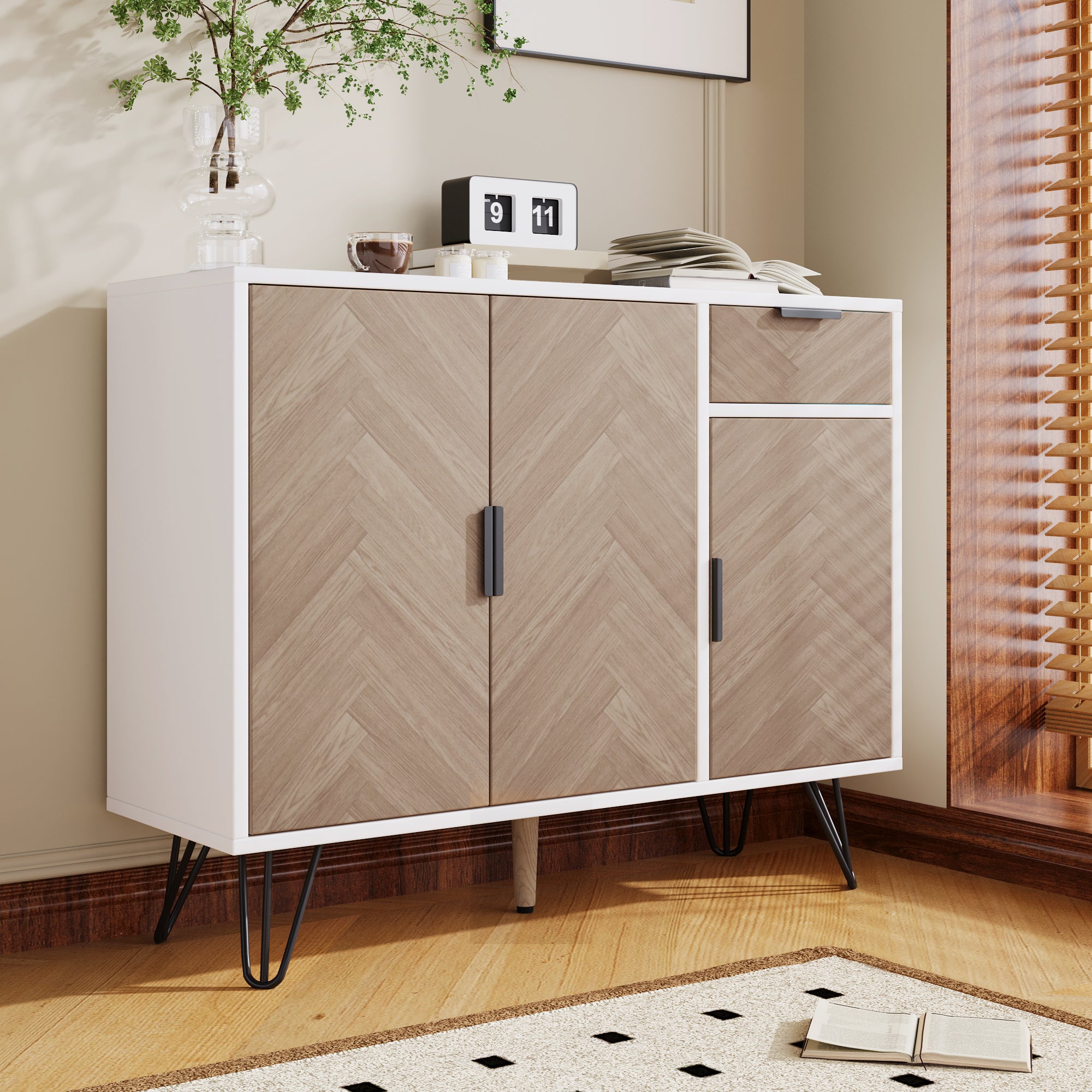 Modern storage cabinet, sideboard with drawer and adjustable shelves, white and wood look