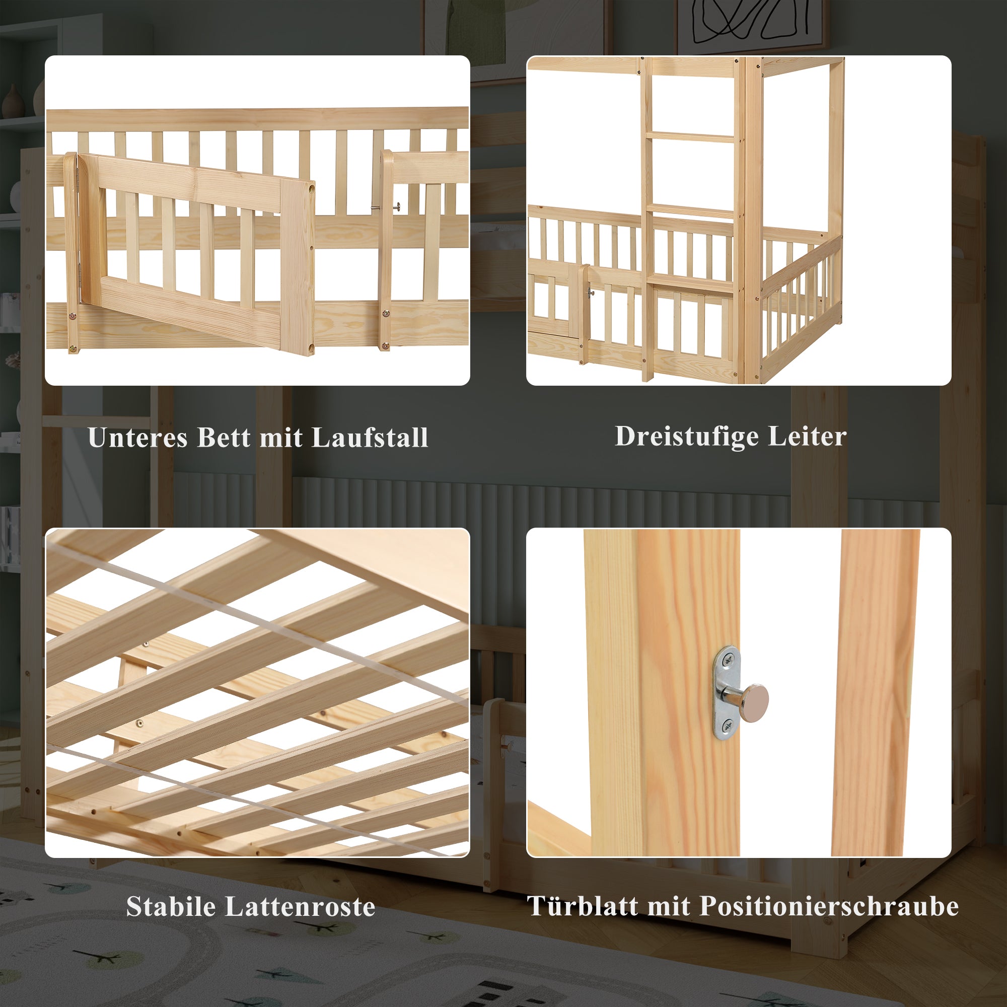 Bunk Bed, Wooden with Stairs, Railing, Fall Protection, Pine