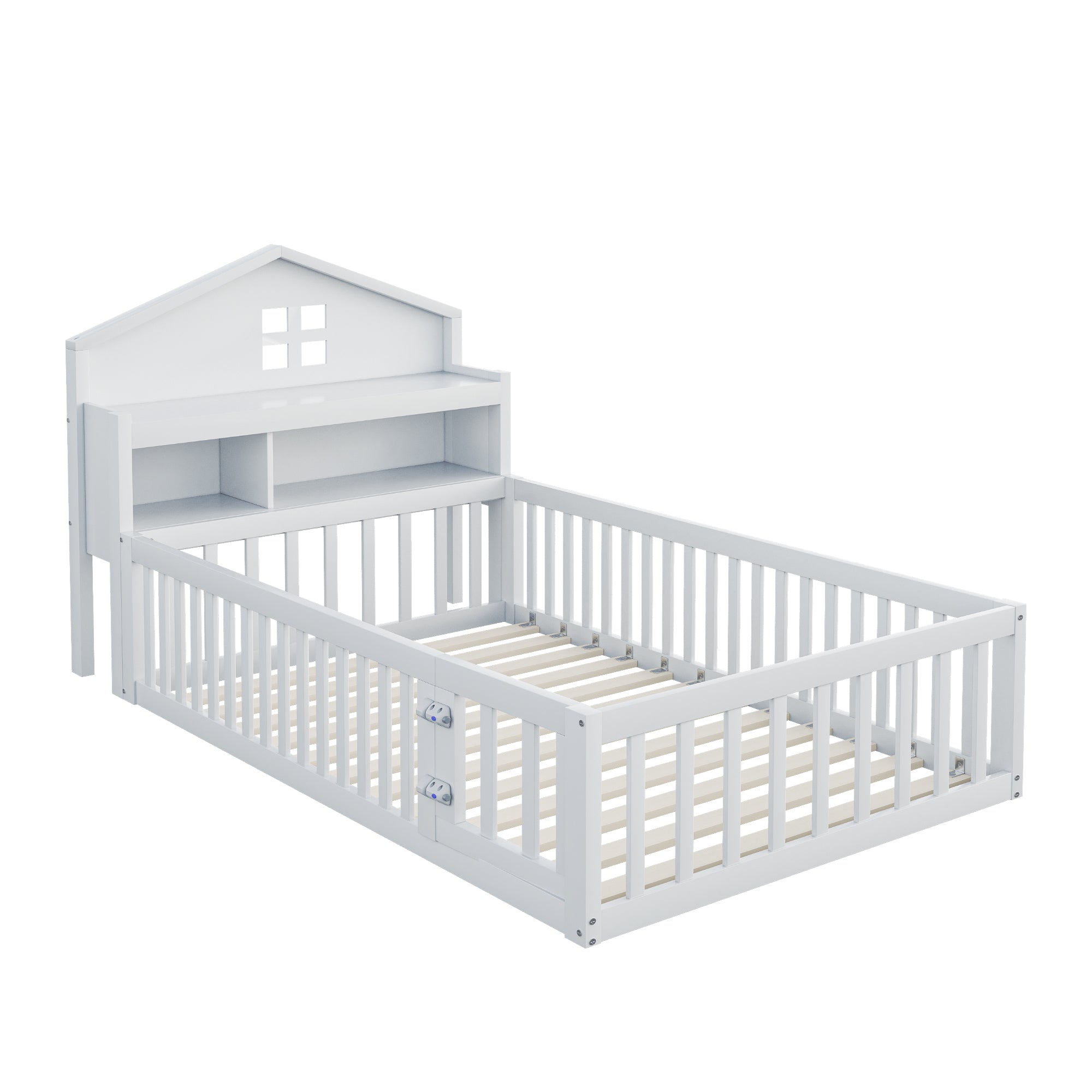 Children's Bed 90x200, Solid Wood Frame with Shelves, Storage, Safety Gate & Door, White
