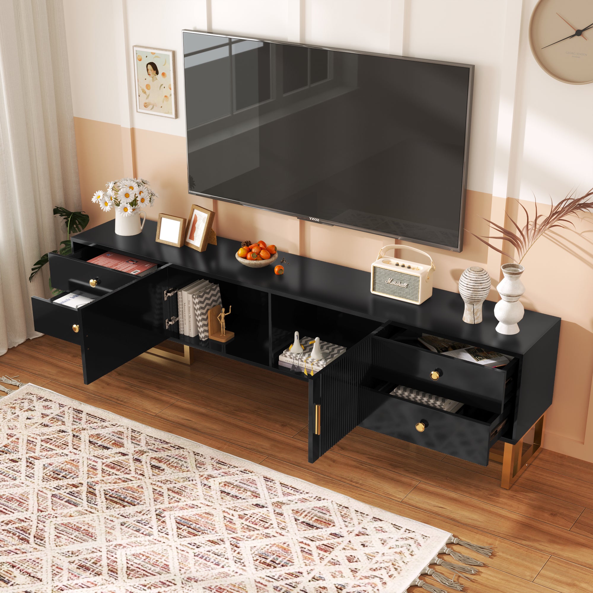 TV Cabinet, Low Panel Textured Door with Drawers, Gold Handles & Feet