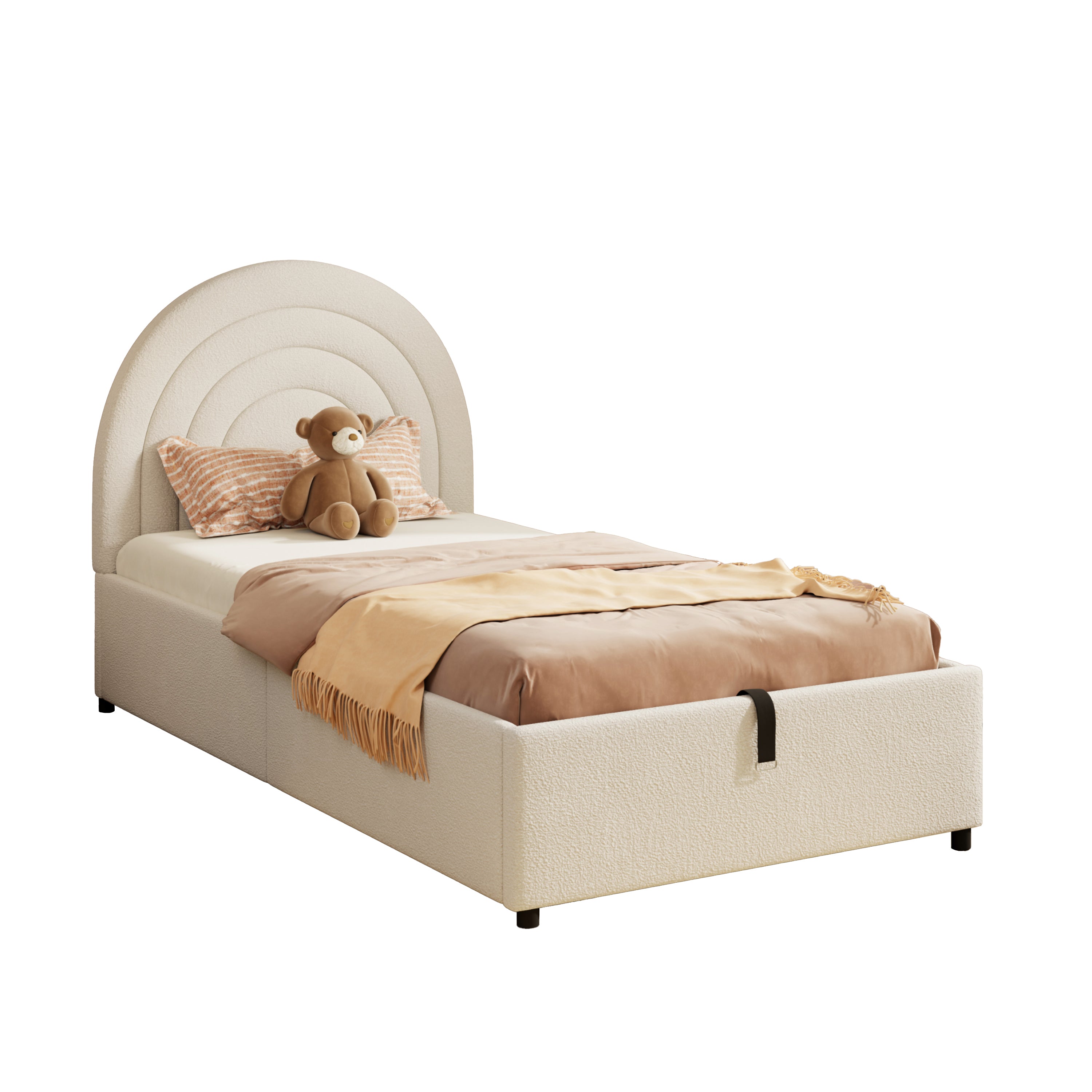 Upholstered Single Bed 90x200 with Slatted Base and Headboard, Beige Bouclé