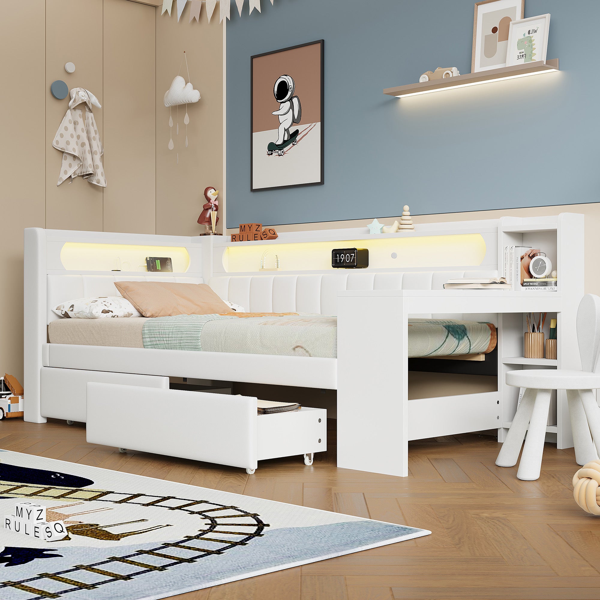 Upholstered Daybed 90x200 with Desk, LED Light, USB Port & 2 Drawers, White