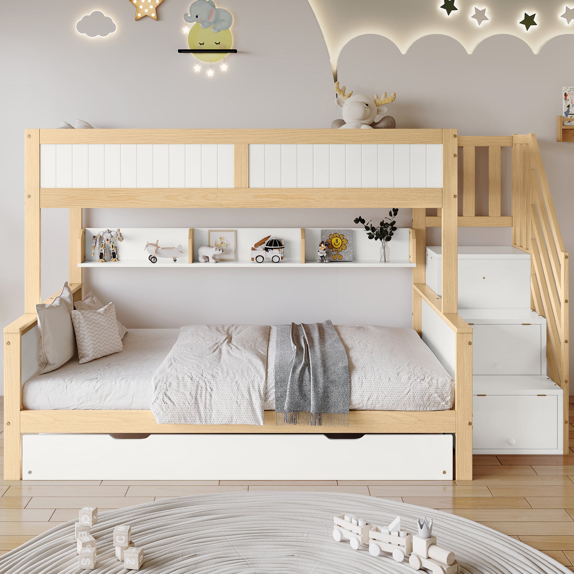 Bunk Bed, Trundle & Wardrobe, Corner Stairs, Pine+MDF, White+Natural