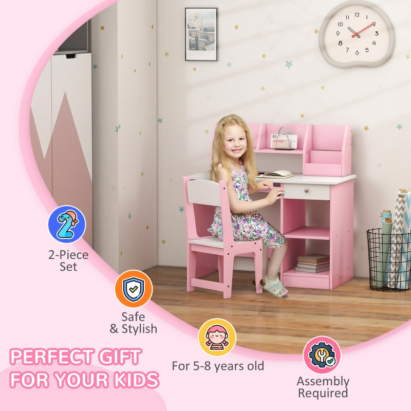 Two-Piece Kids Desk and Chair Set with Storage, Ages 5-8 Years - Pink