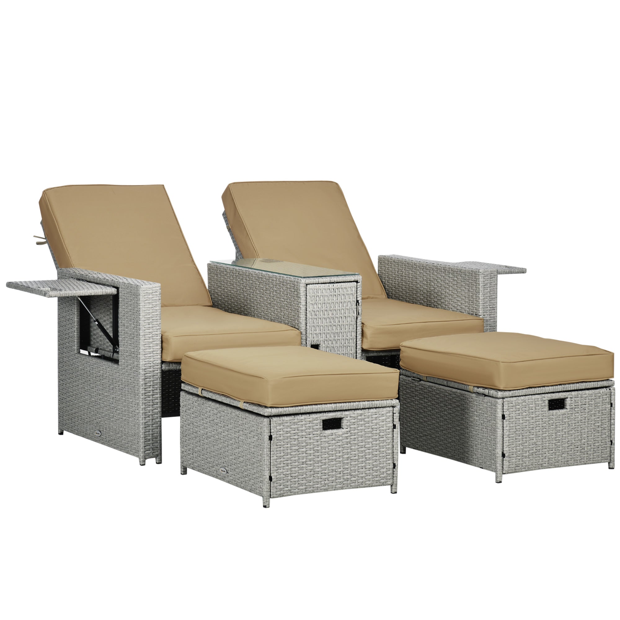 5PC Sun Lounger Set, 5-Level Adjustable Recliner with Storage Side Table & Footstools, PE Rattan Wicker, Beige