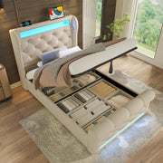 Modern Upholstered Single Bed 90x200cm, LED Lights, Storage Headboard with USB and Type-C, Hydraulic Storage, Beige Velvet