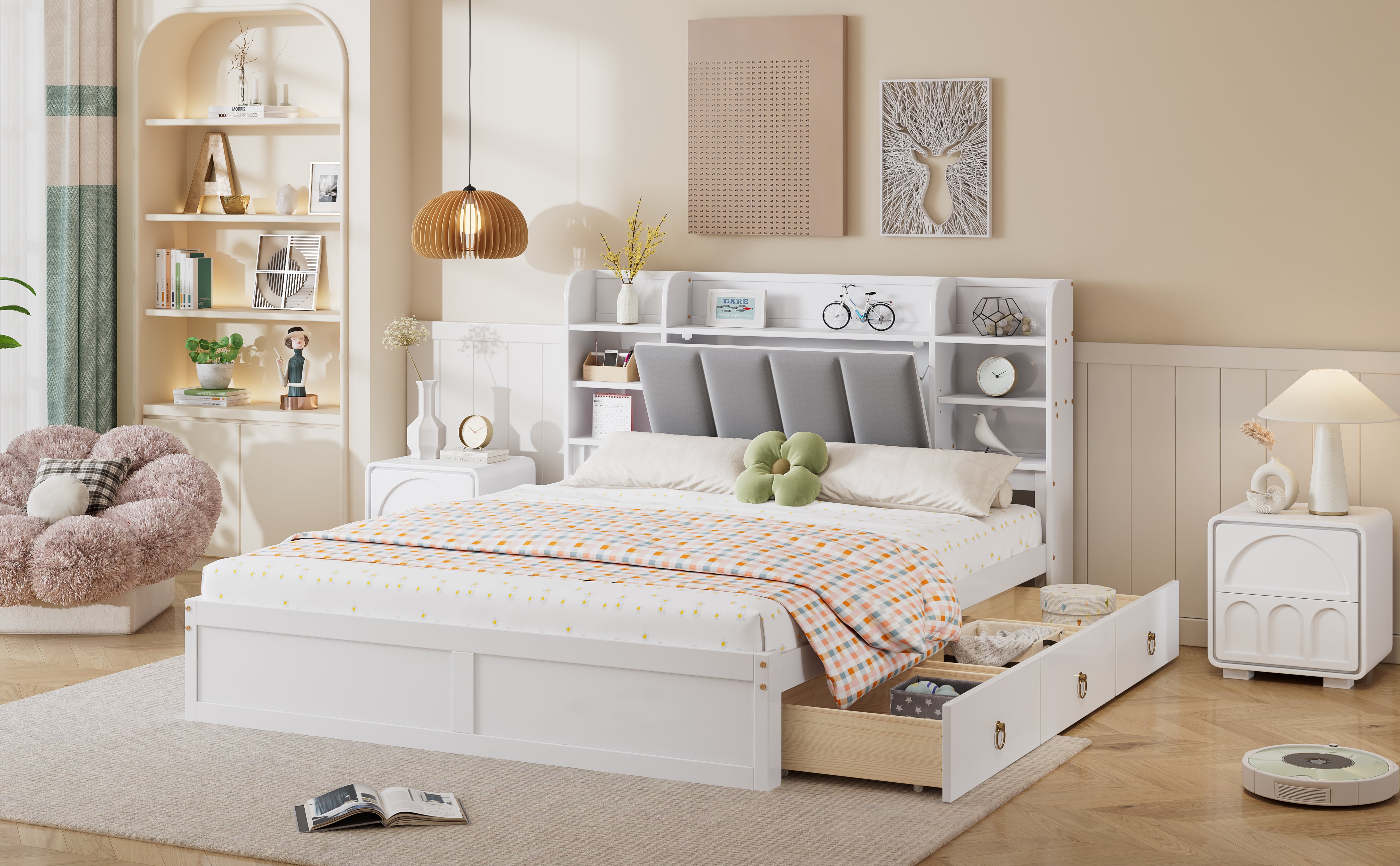 Double Bed, Open Shelf, 3 Drawers, Pine Frame, White+Grey