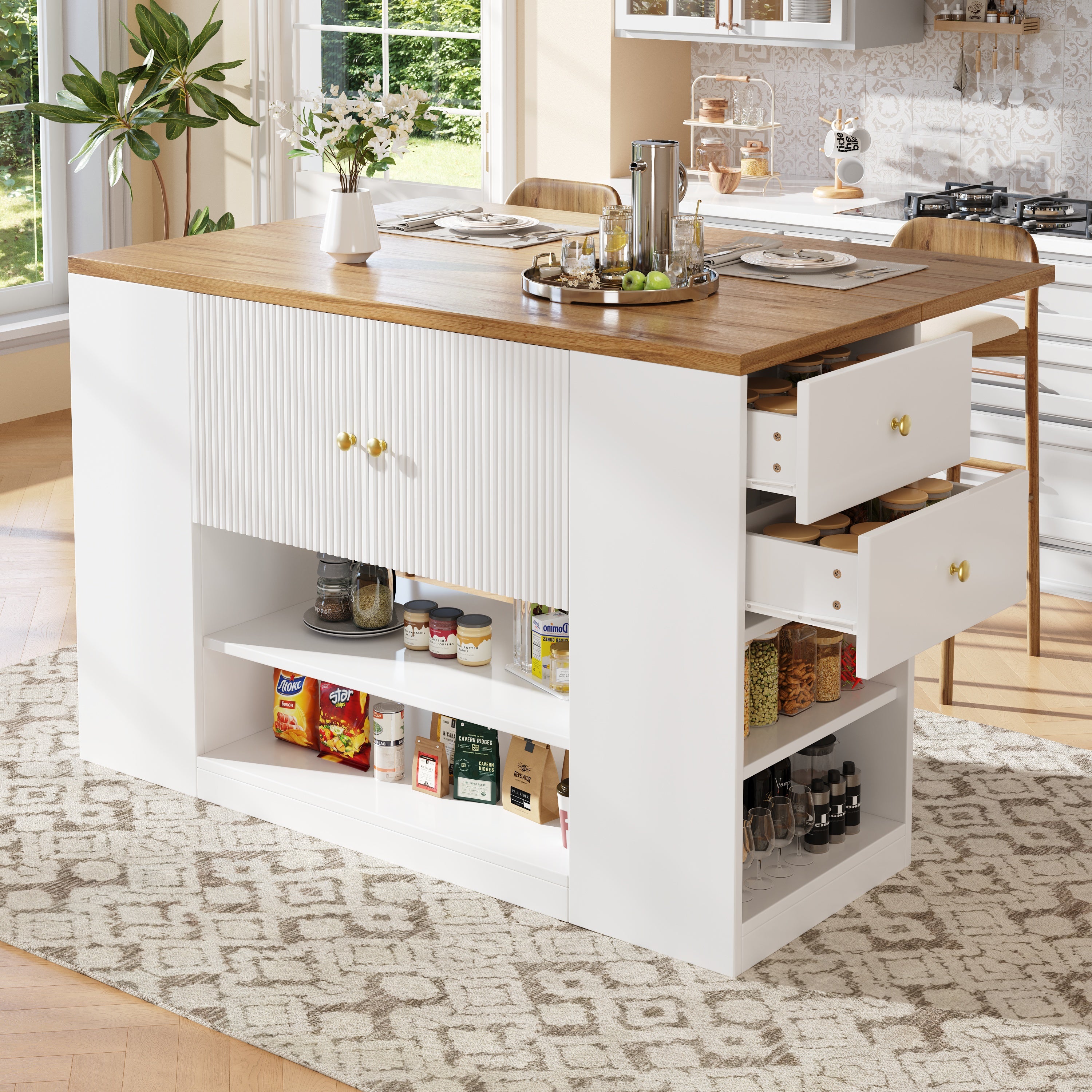 Modern Kitchen Island Sideboard with Drawers and Shelves - White