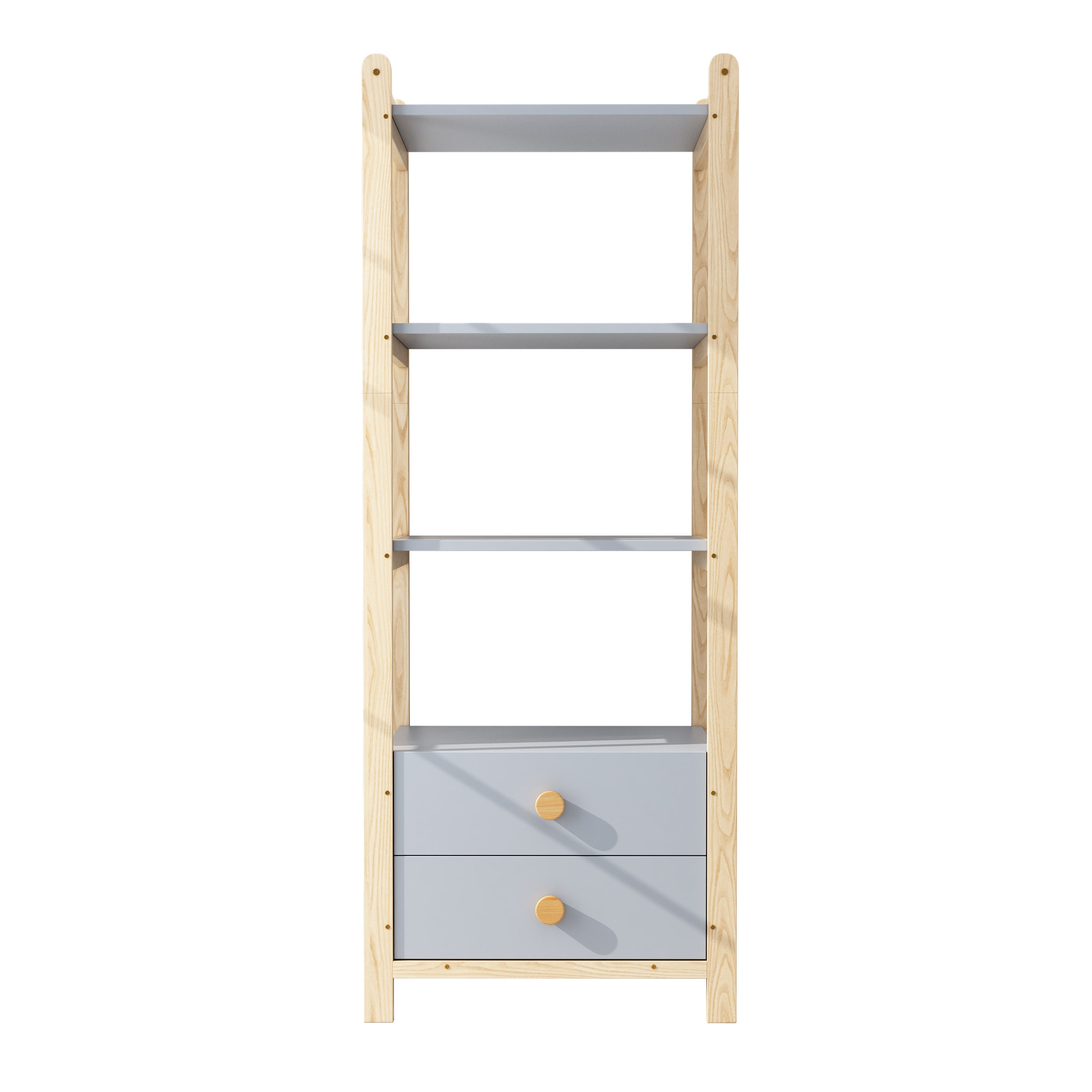 Freestanding Shelf Unit, 2 Drawers 4 Shelves 70x44x180cm, Blue and Natural Wood Pine Frame