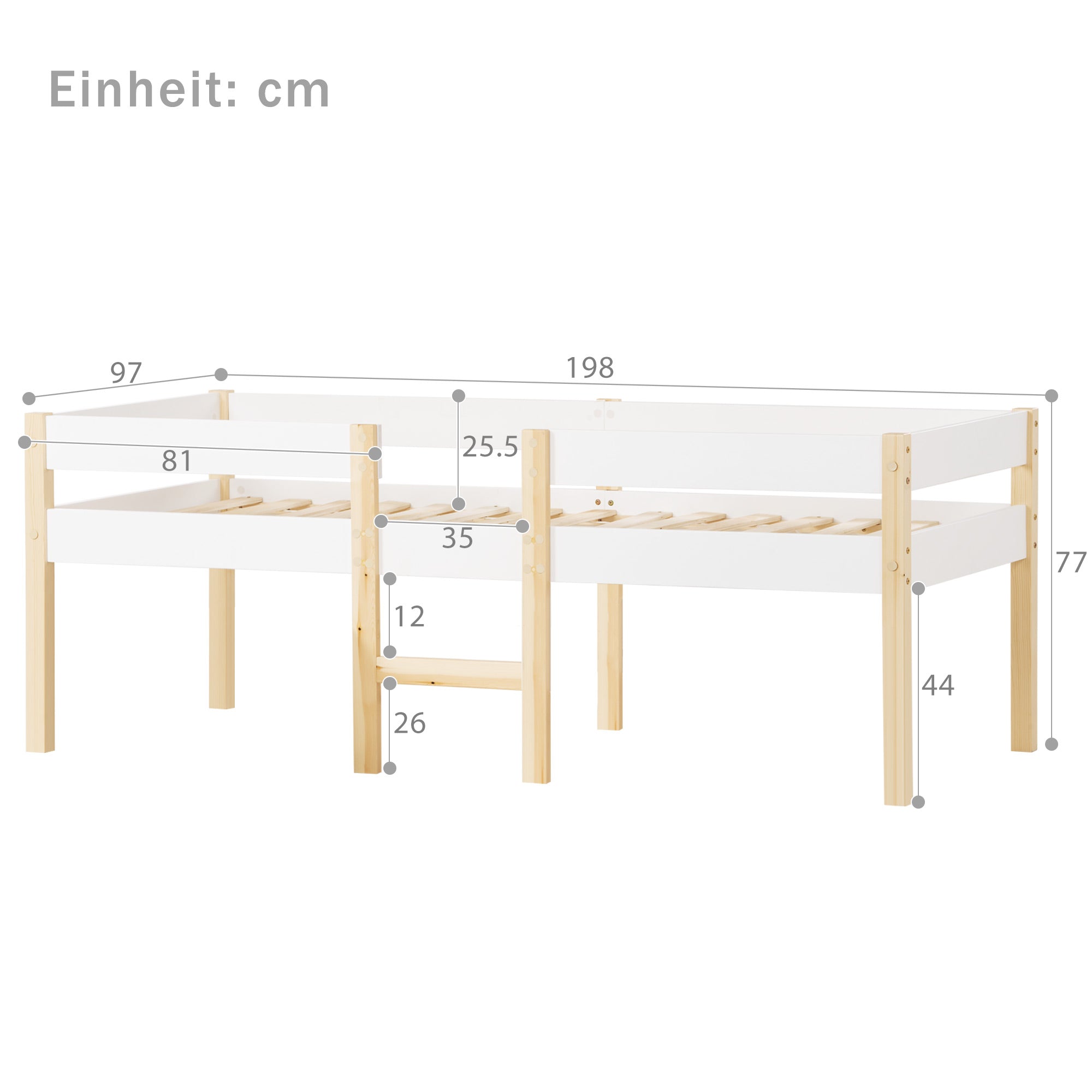 Children's bed with fall protection, 90x190 cm, solid pine wood, white & oak