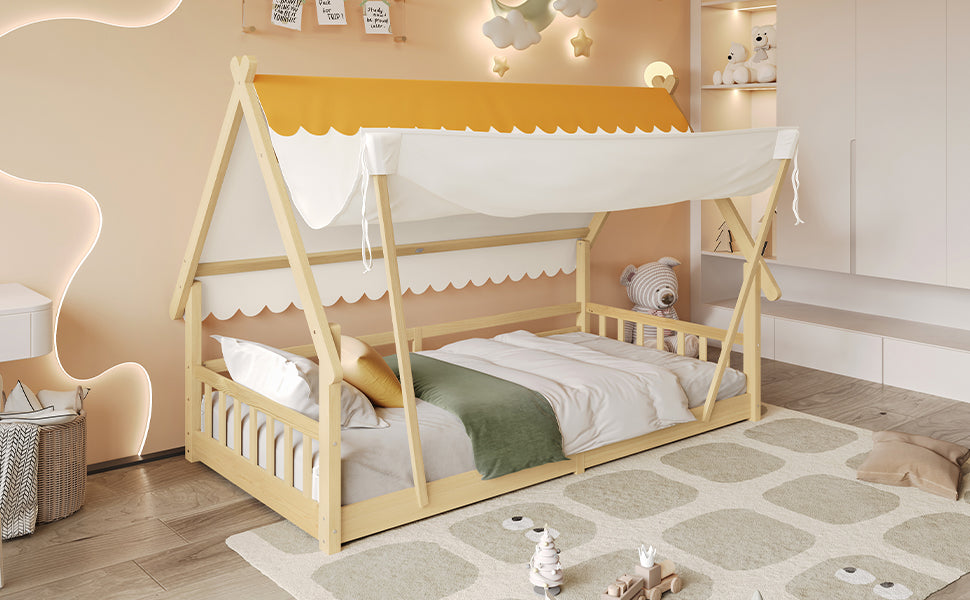 Wooden Bed, Children's Single with Removable Tent & Safety Railing, Pine + Plywood, Natural